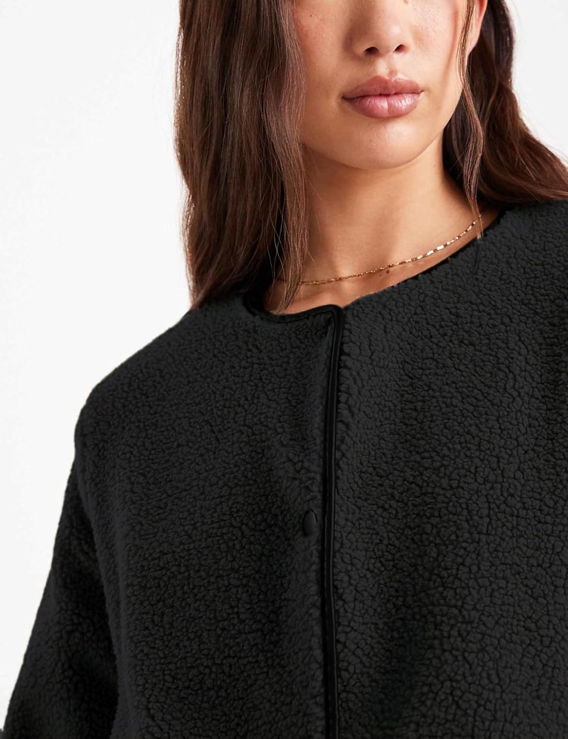 Womens Fleece Jacket Fuzzy Casual Long Sleeve Round Neck Button Down Coat Sherpa Outwear with Pockets - Image 2