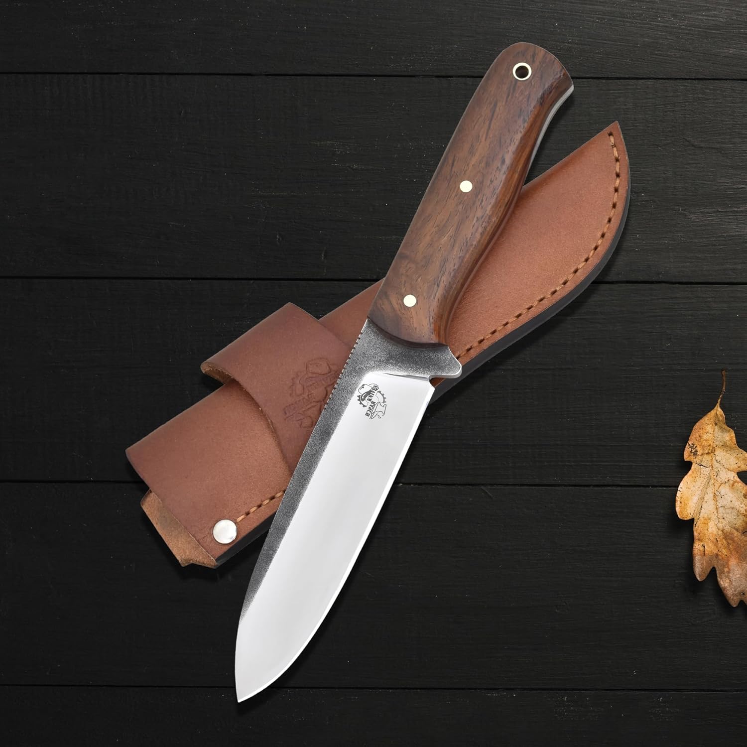 Knives Ranch 10" Bushcraft Knife - Full Tang - 59 Hardness - High Carbon Stainless Steel 440C - Genuine Leather Sheath - Horizontal/Vertical Carry - Rosewood Handle (Camper Pro 3091-SS)