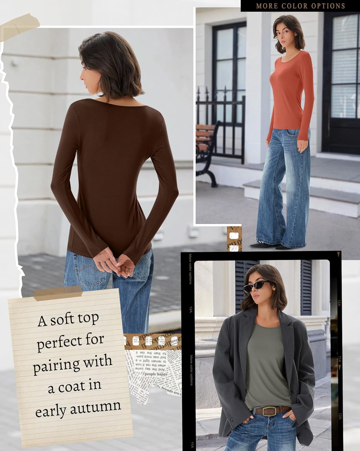 5 Pack Women's Long Sleeve Shirts Scoop Neck Tops Slim Fit Stretchy Undershirts Casual Fall Base Layer Multipack(Gray Green, Gray Apricot, Pumpkin, Brown, Camel,Medium) - Image 6