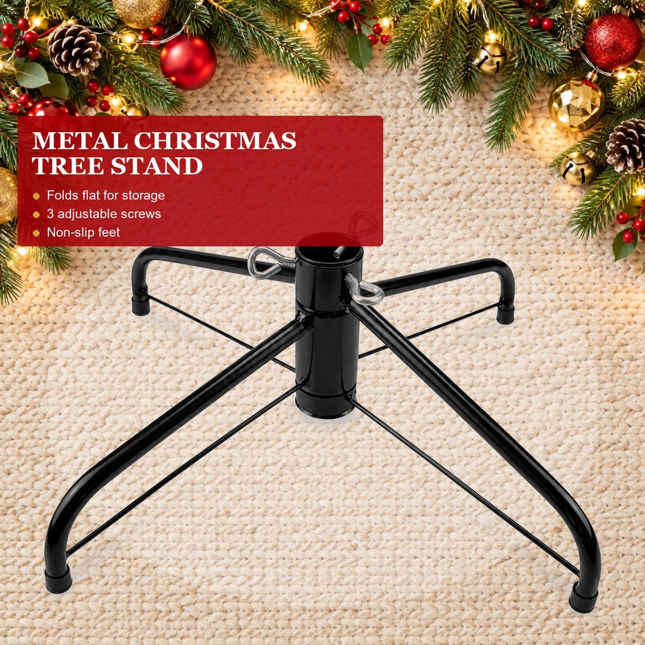 Christmas Tree Stand, Heavy Duty Metal Christmas Tree Base with Adjustable Eye Bolts, Stable Folding Tree Stand for 3-7 FT Christmas Trees，Fits 0.5-1.35 Inch Pole