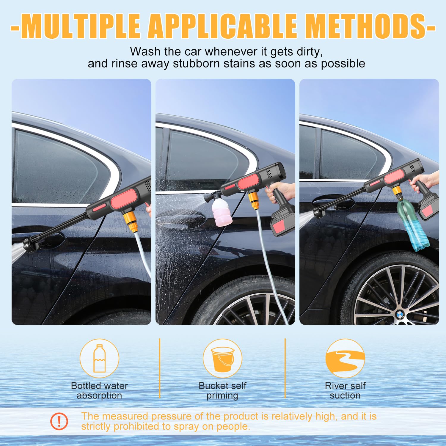 Hidrolimpiadora Inalámbrica, 80 Bar 21V Hidrolimpiadora Bateria, 6 en 1 Pistola de Alta presión con 5 m Manguera y Accesorios para Coches, Ventanas, césped (Negro)