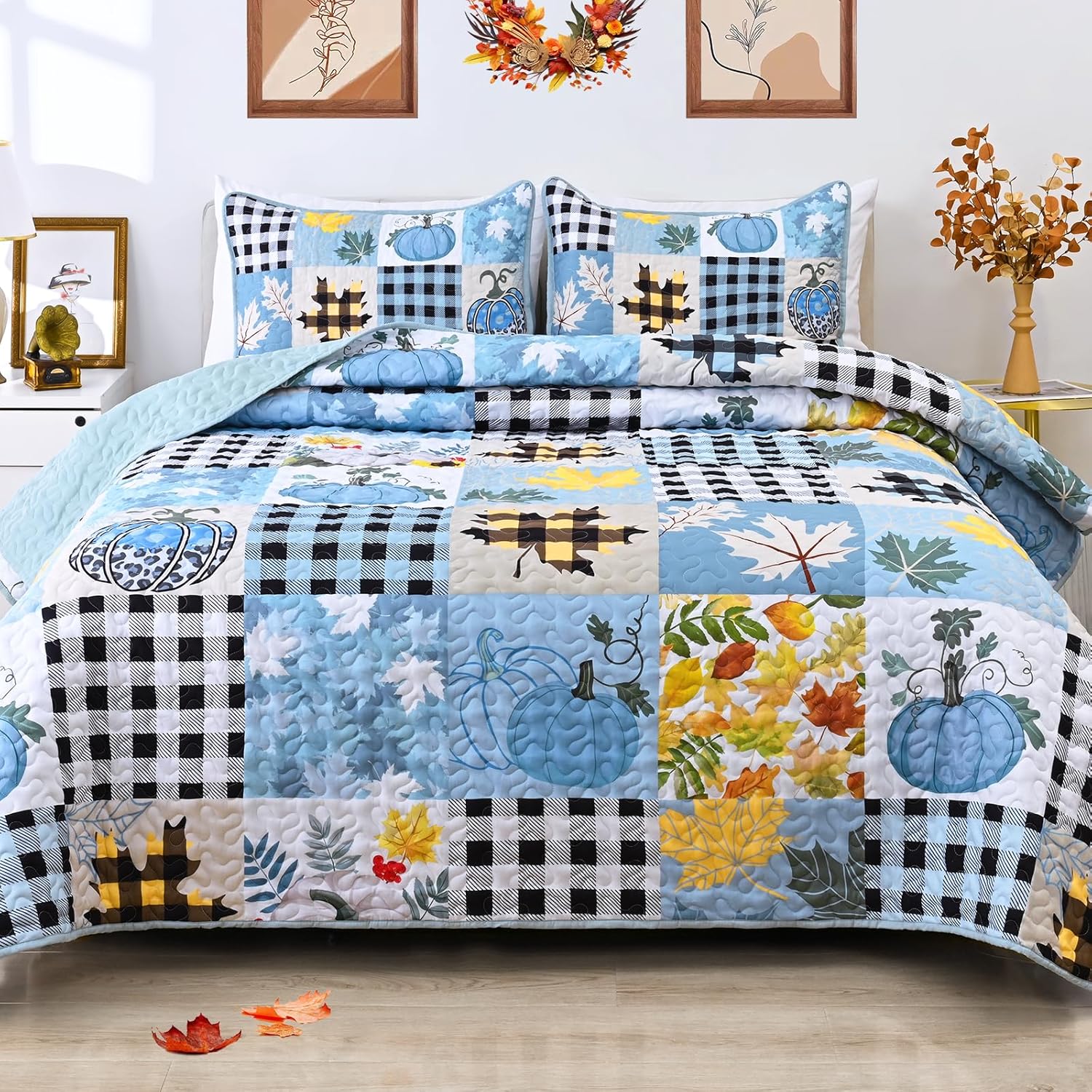 ASPMIZ Fall Queen Quilt Bedding Set, Thanksgiving Quilts Queen Size Washable, Pumpkin Leaves Bedspread Reversible, Soft Blue Plaid Quilts with 2 Pillowcases, Fall Decorations for Home, 90"x90"