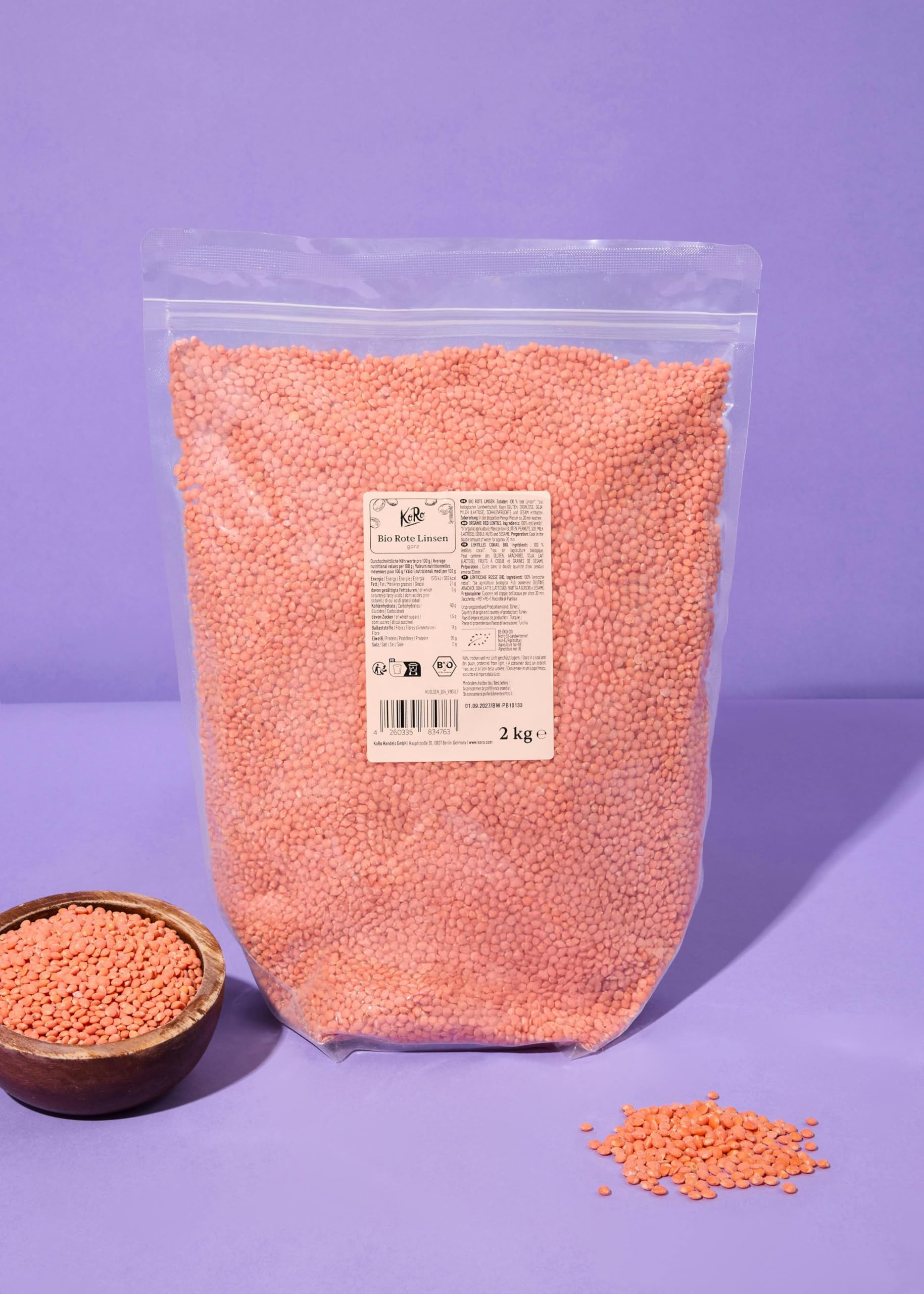 KoRo - Lentilles corail bio 2 kg - Source de protéines végétales, idéal pour la soupe, le bouillon de legumes et les plats en sauce