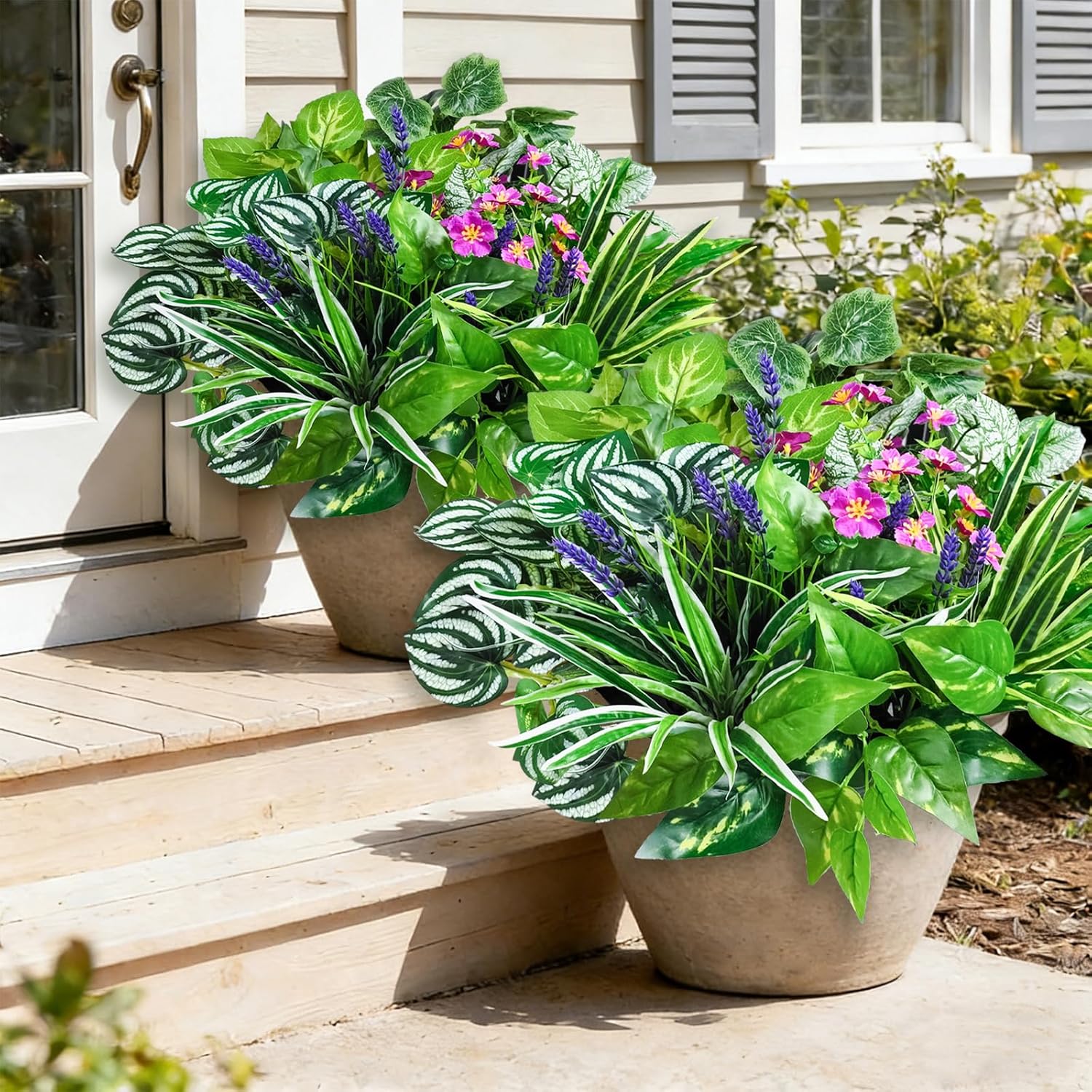 24 Pcs Artificial Plants for Outdoors Faux Greenery Leaves UV Resistant Realistic Plastic Large Bunches Shrubs Bushes with Flowers, Fake Plants Decor Outdoor for Front Porch Door Patio Garden Yard