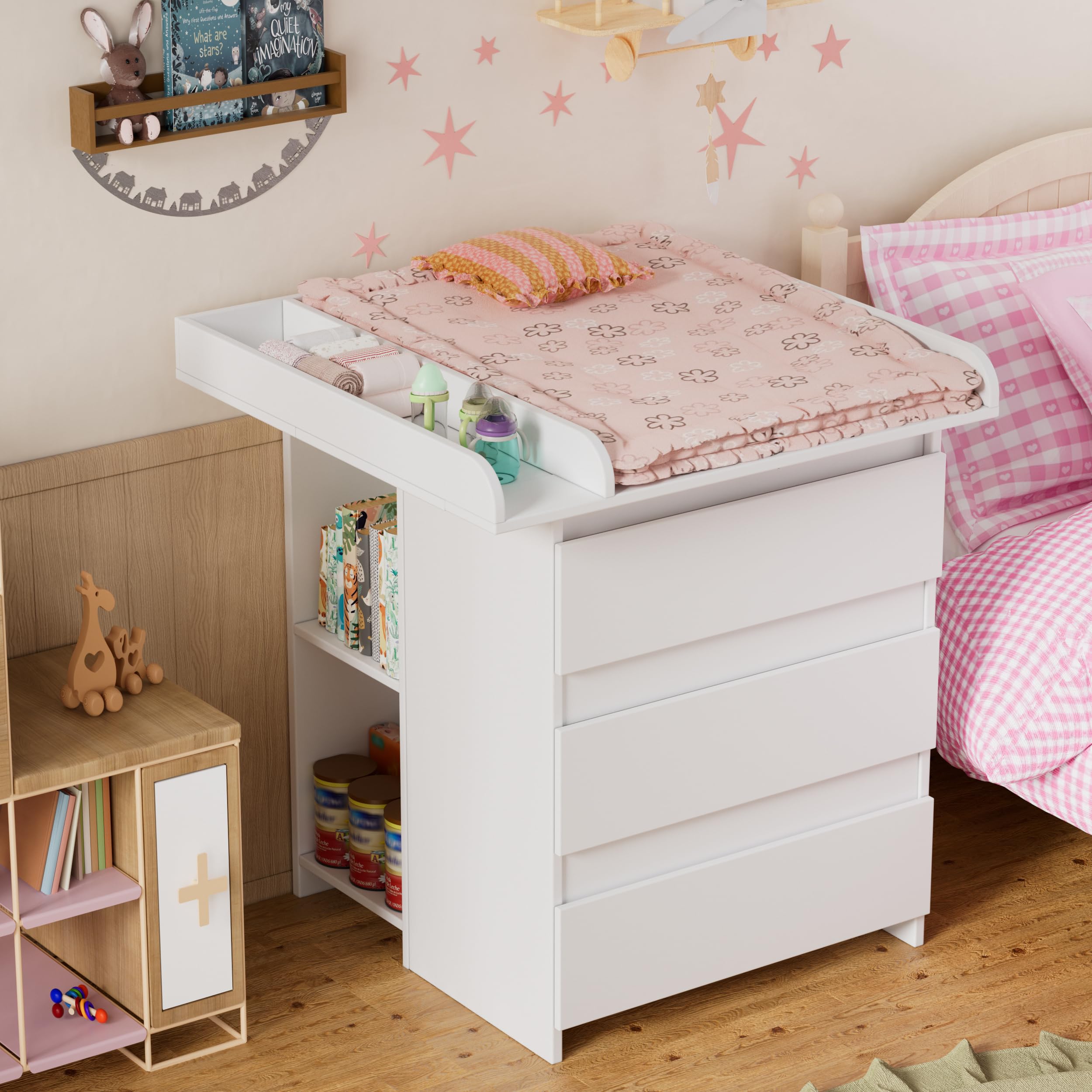 MSFE 2 in 1 Fasciatoio Neonato, Cassettone con Ripiano Fasciatoio Rimovibile, Fasciatoio Cassettiera con 3 Cassetti e 6 Scomparti Aperti, per Cameretta Camera da Letto 73x70x78 cm/113x32x70 cm,Bianco