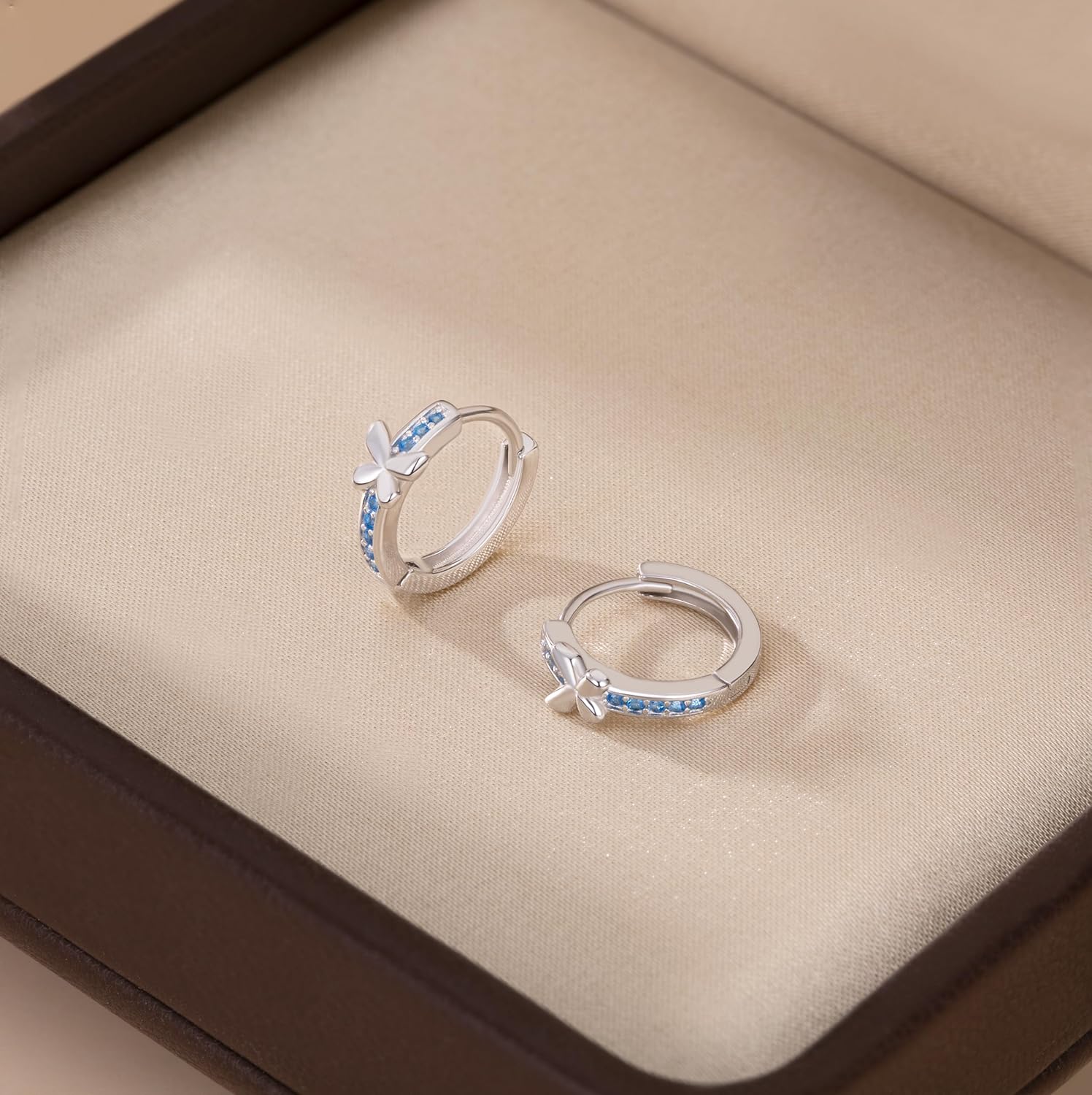 SLUYNZ Solid 925 Sterling Silver Blue CZ Butterfly Earrings Hoop for Women Teens Butterfly Hoop Earrings Huggie