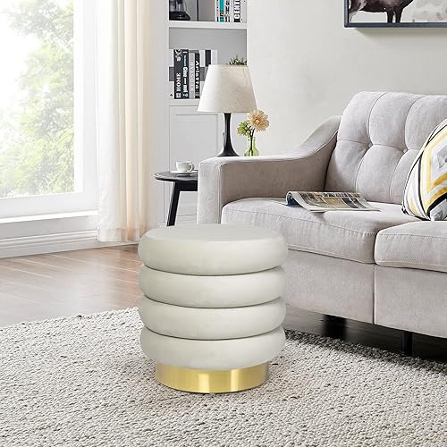 Miniatura 4 de Adeco Taburete redondo otomano de terciopelo con almacenamiento, moderno reposapiés acolchado, reposapiés para sala de estar, dormitorio, beige
