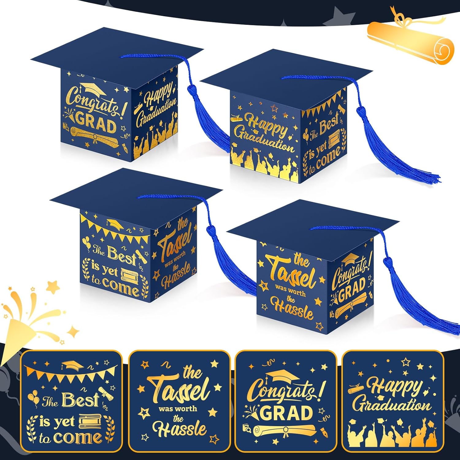 Crtiin 100 Pcs Graduation Candy Boxes with Tassel Graduation Party Favors 2024 Graduation Gifts Graduation Decorations Grad Cap Candy Box for Candy Biscuit Chocolate Supplies (Blue and Gold)