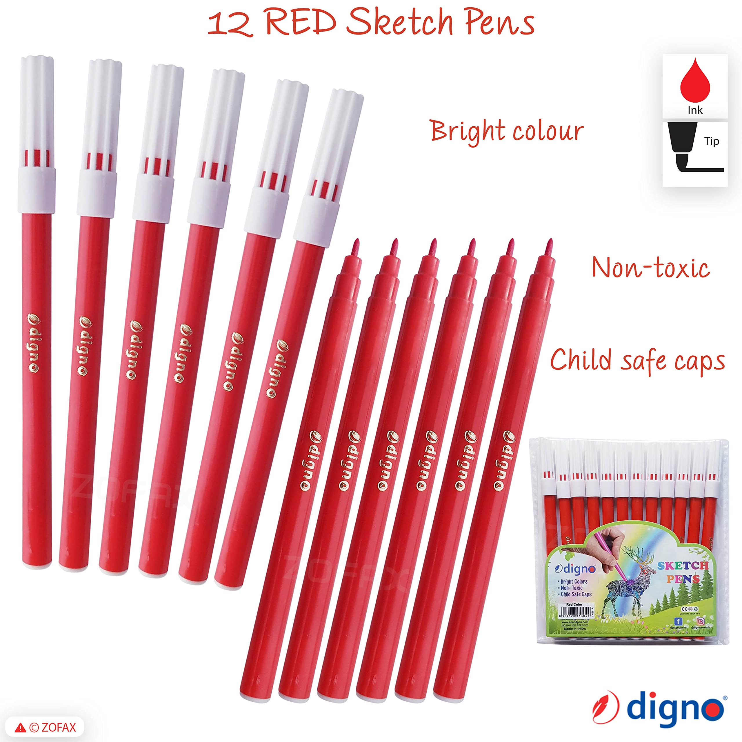 DIGNO SketchStic Felt Tip Pens, RED, Pack of 12, Fibre Felt Tip Colour Pens, Write Draw Sketch Mark - Image 2