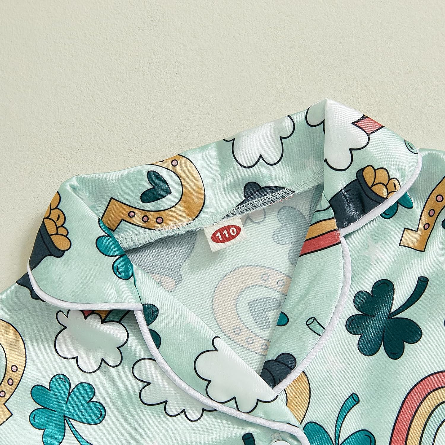 Kavousa Toddler Baby Girl St Patricks Day Pajamas Silk Pajamas Clover Print Button Down Tops Pants Satin St Patricks Day PJs
