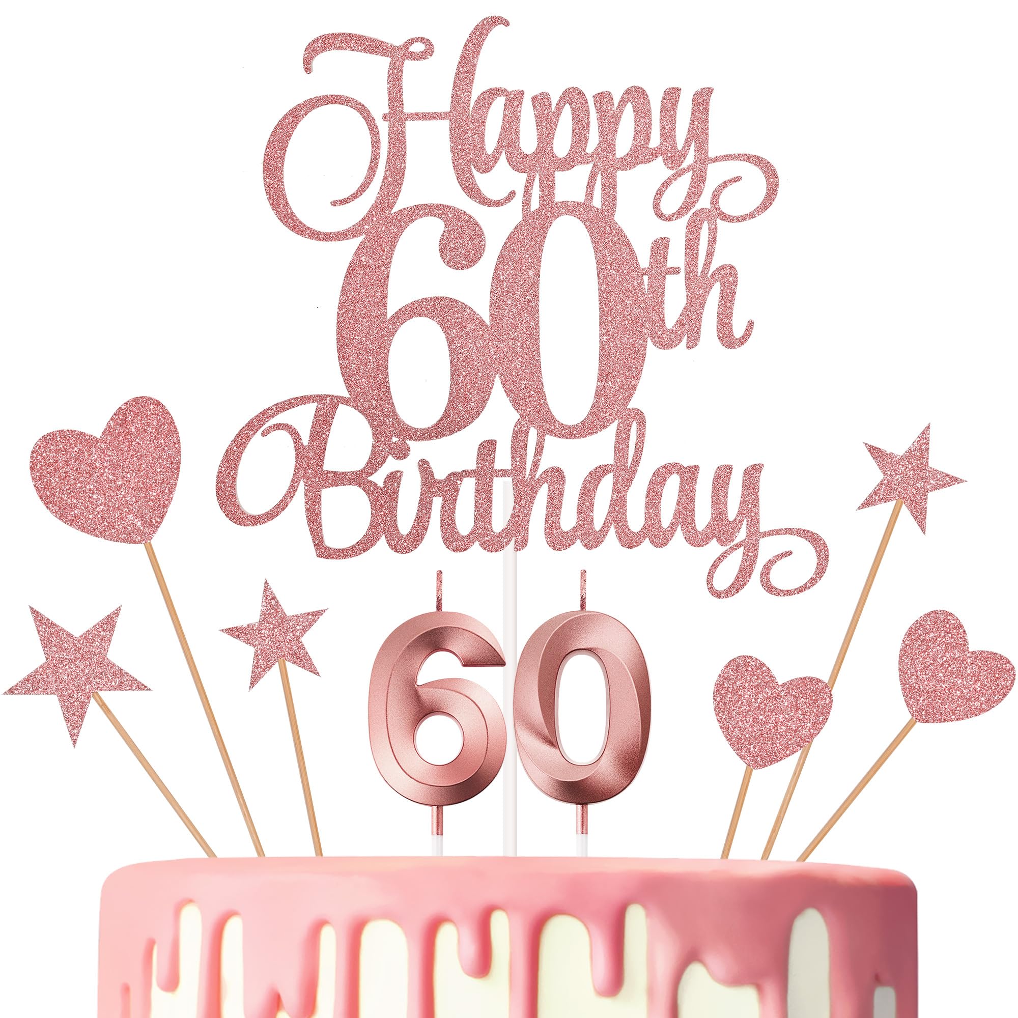Lecferrarc 60th Birthday Cake Toppers, 60th Birthday Candles Numeral Candles and Glitter Cake Decorations Toppers Set for Party Supplies (Rose Gold)