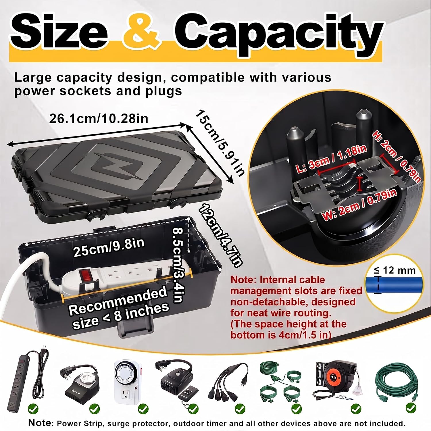 Medium Outdoor Electrical Box, IP54 Waterproof Extension Cord Cover (10.3 x5.9 x 3.7 in) – Weatherproof Outdoor Outlet Box for Holiday Lights, Pool Pump, EV Charger (Black, Medium)