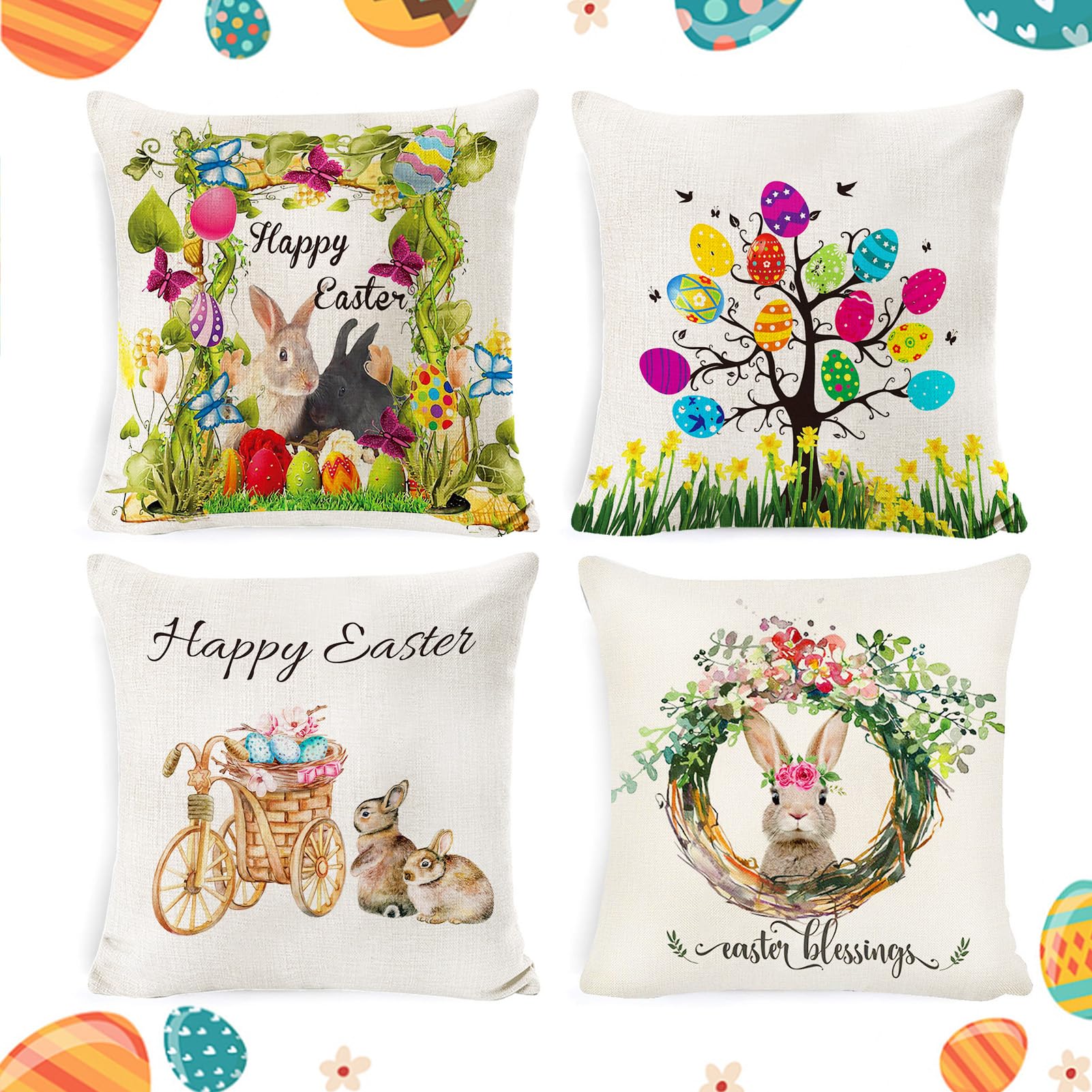 Set di 4 Federe per Cuscini Pasquali,45 x 45 cm federe per cuscino pasquale,Coniglietti di Pasqua Modello Federe,Biancheria Gettare Decorativo Caso Federa Copricuscini lino,per divano e soggiorno
