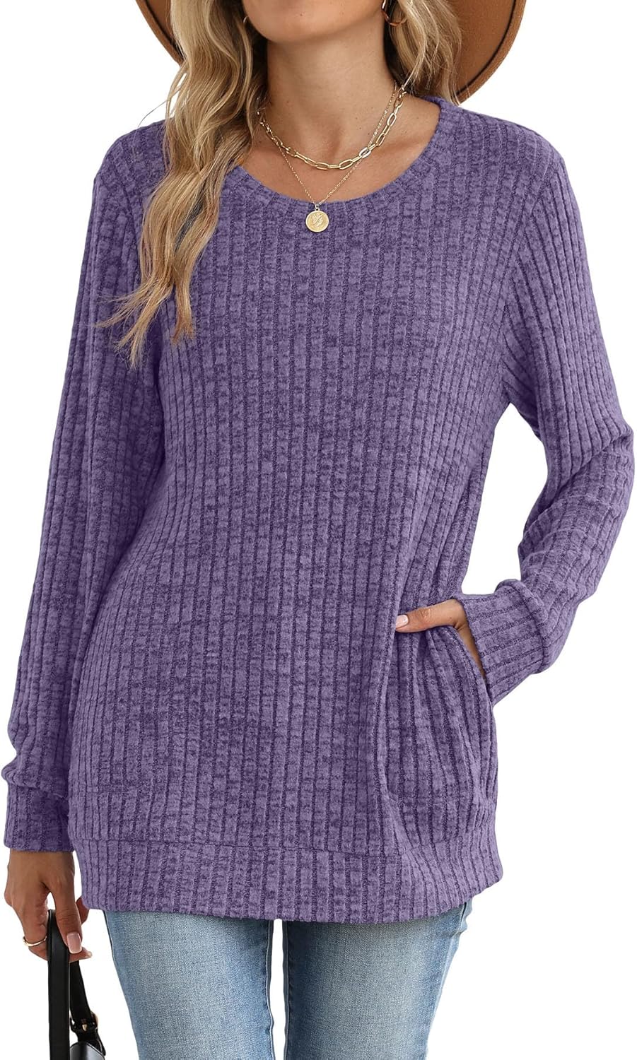 JomeDesign Sweaters for Women Dressy Casual Long Sleeve Shirts Crewneck Fall Outfits with Pocket Tunic Tops - Image 3