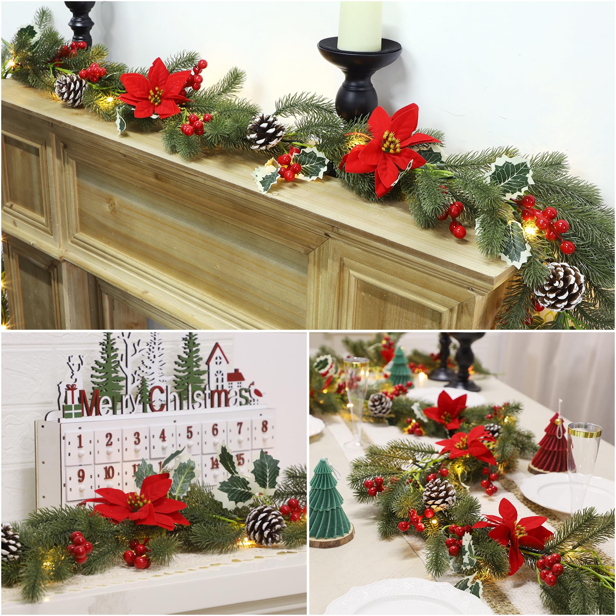 ATDAWN Guirlande de Noël de 2,7 m avec lumières, guirlande de Noël à piles, guirlande pré-éclairée avec baies rouges, pomme de pin et poinsettia pour intérieur, maison, vacances, hiver, Nouvel An