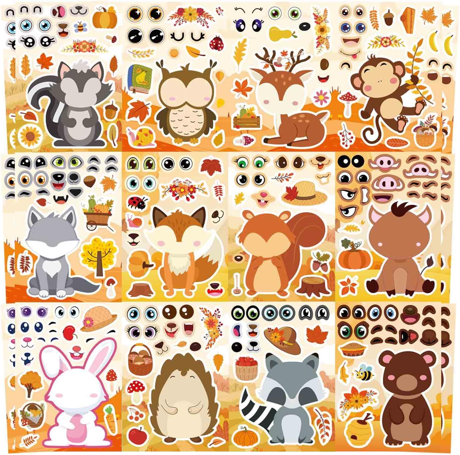 24 PCS Fall Stickers, Make-a-face Stickers，Autumn Animals Stickers for Kids