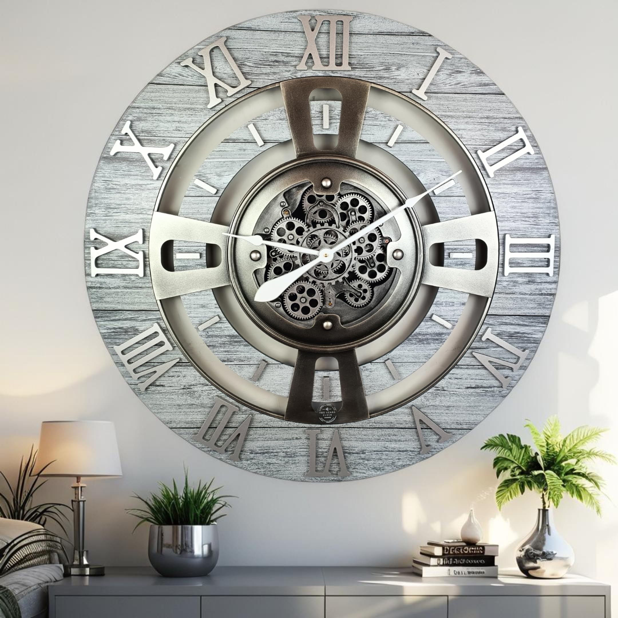 ImprovingLife The Gears Clock Real Moving Gear Wall Clock England Line (Silver Grey, 36 inches (90 cm))