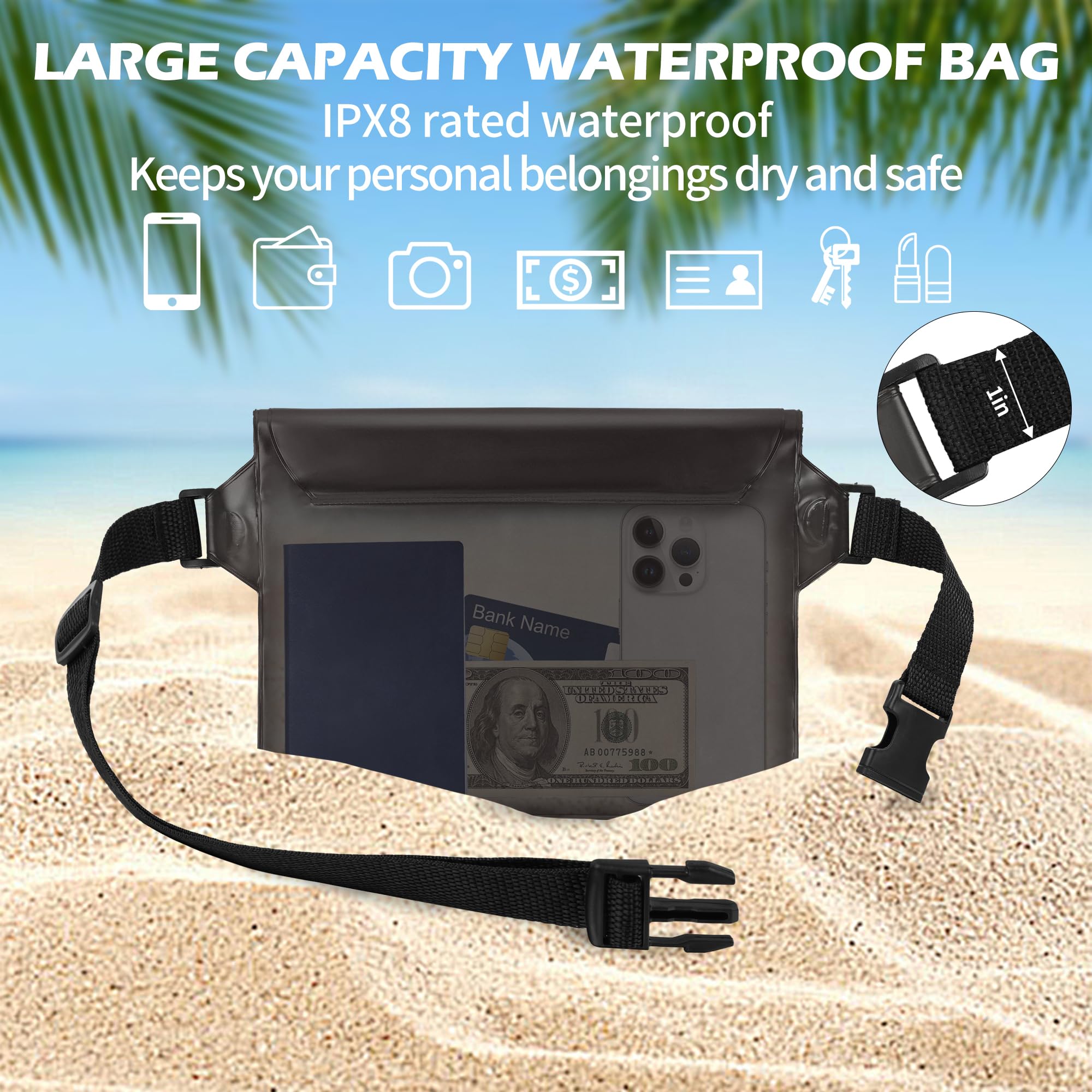 jealkip 2-Pack Waterproof Pouch with Adjustable Waist Strap, Waterproof Dry Bag, Keeps Cell Phones and Valuables Safe and Dry, Perfect for Kayaking, Beach, Camping and Swimming (Black + Dark Blue)