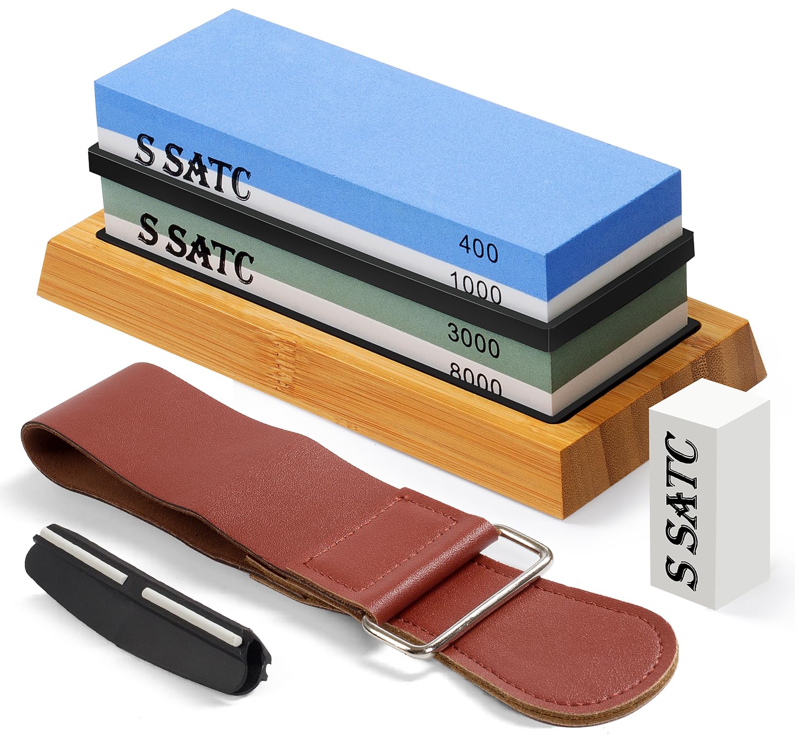 S SATC Knife Sharpening Stone Set 4 Side Girt 400/1000/ 3000/8000 Kitchen Sharpening Stone with Nonslip Rubber Bases, Wood Base, Flattening Stone, Leather Strop, Easy to Use