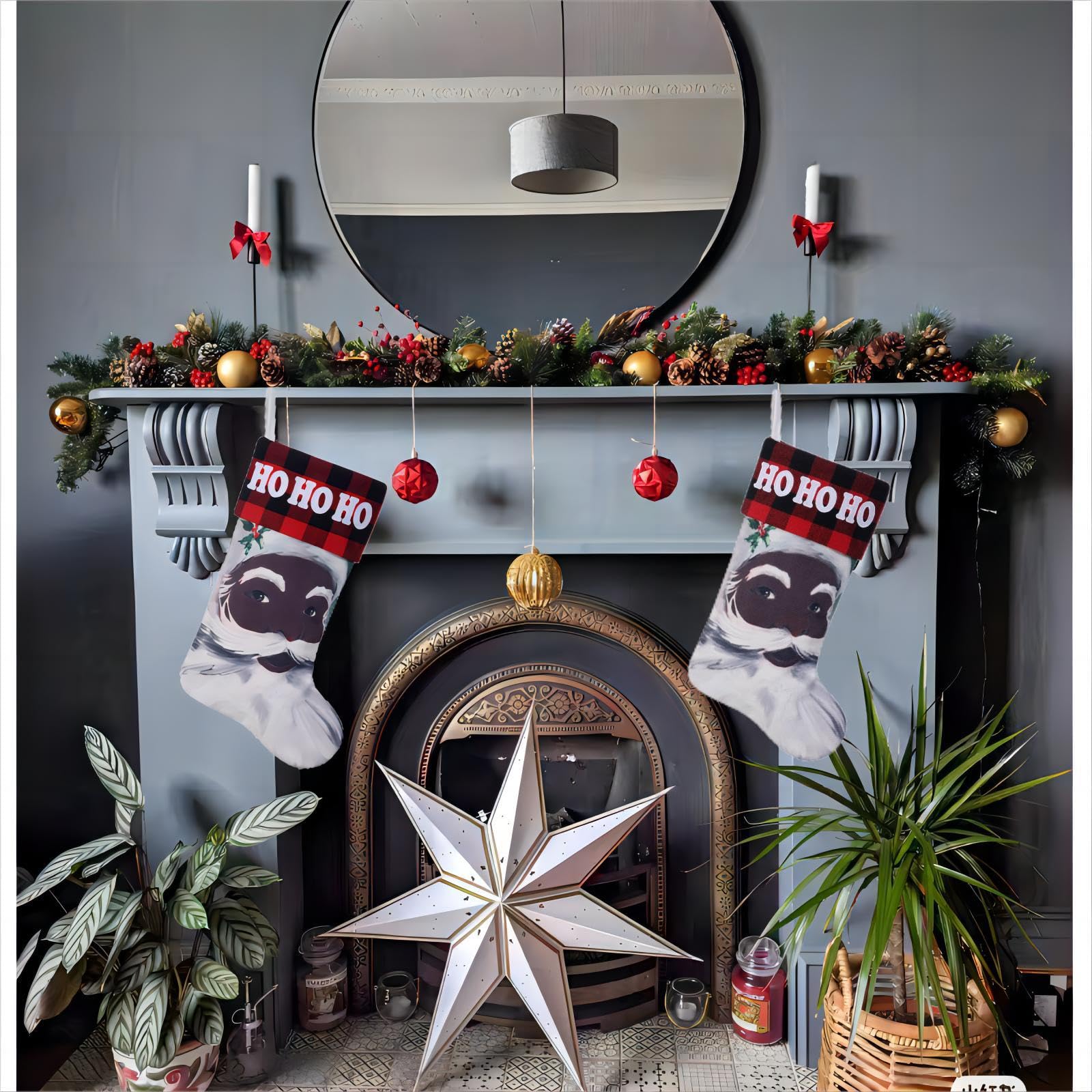 Calcetín de Navidad de Papá Noel negro de 19 pulgadas con bordado, Papá Noel afroamericano para decoración navideña