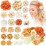 BBTO 21 Pcs Flower Hair Clip Rose Hair Clips Barrettes for Women Flower Accessories Boho Bride Claw Clip Hairpin Brooch Pin Headpiece for Wedding(Orange)
