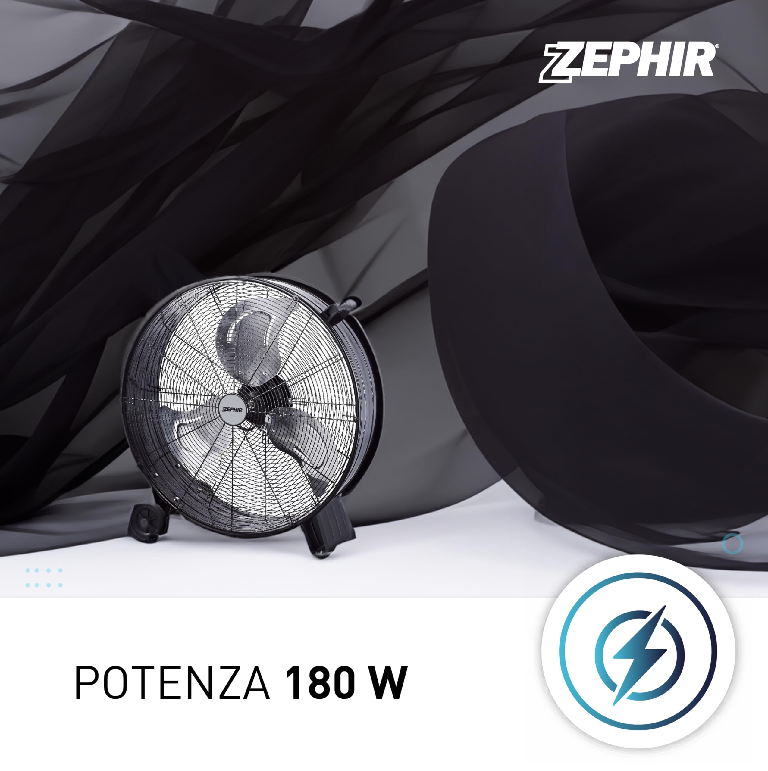 ZDM60CM Ventilatore Industriale da Terra Zephir Professionale con Ruote Struttura Interamente in Metallo Superpotente Pala 60 cm Gabbia 3 velocità selezionabili Motore da 180W, Nero