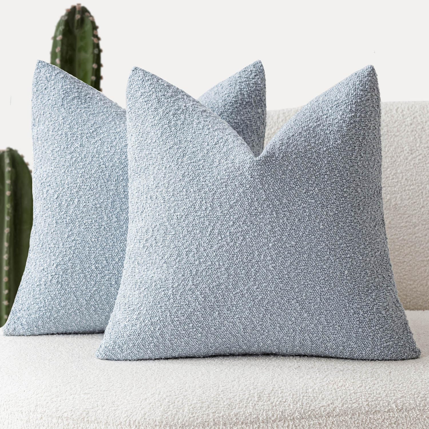 Foindtower Pack of 2 Modern Textured Boucle Throw Pillow Covers Accent Solid Decorative Pillow Cases Cozy Woven Couch Cushion Case for Chair Sofa Bed Living Room Home Decor, 18 x 18 Inch, Light Blue