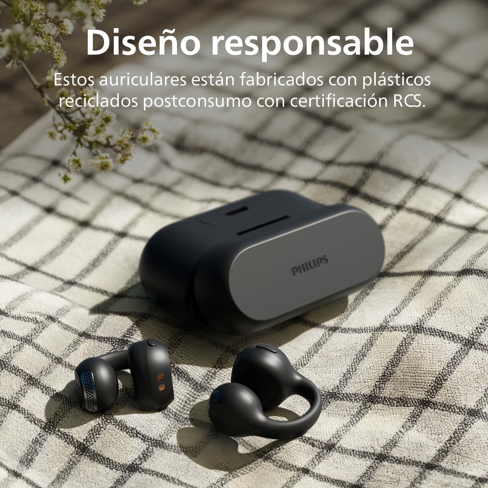 Philips TAQ2000BK Auriculares open ear tipo piercing Bluetooth multipunto True Wireless - 28 horas de reproducción, Estuche de bolsillo, Llamadas nítidas, Para desplazamientos y entrenamientos - Negro