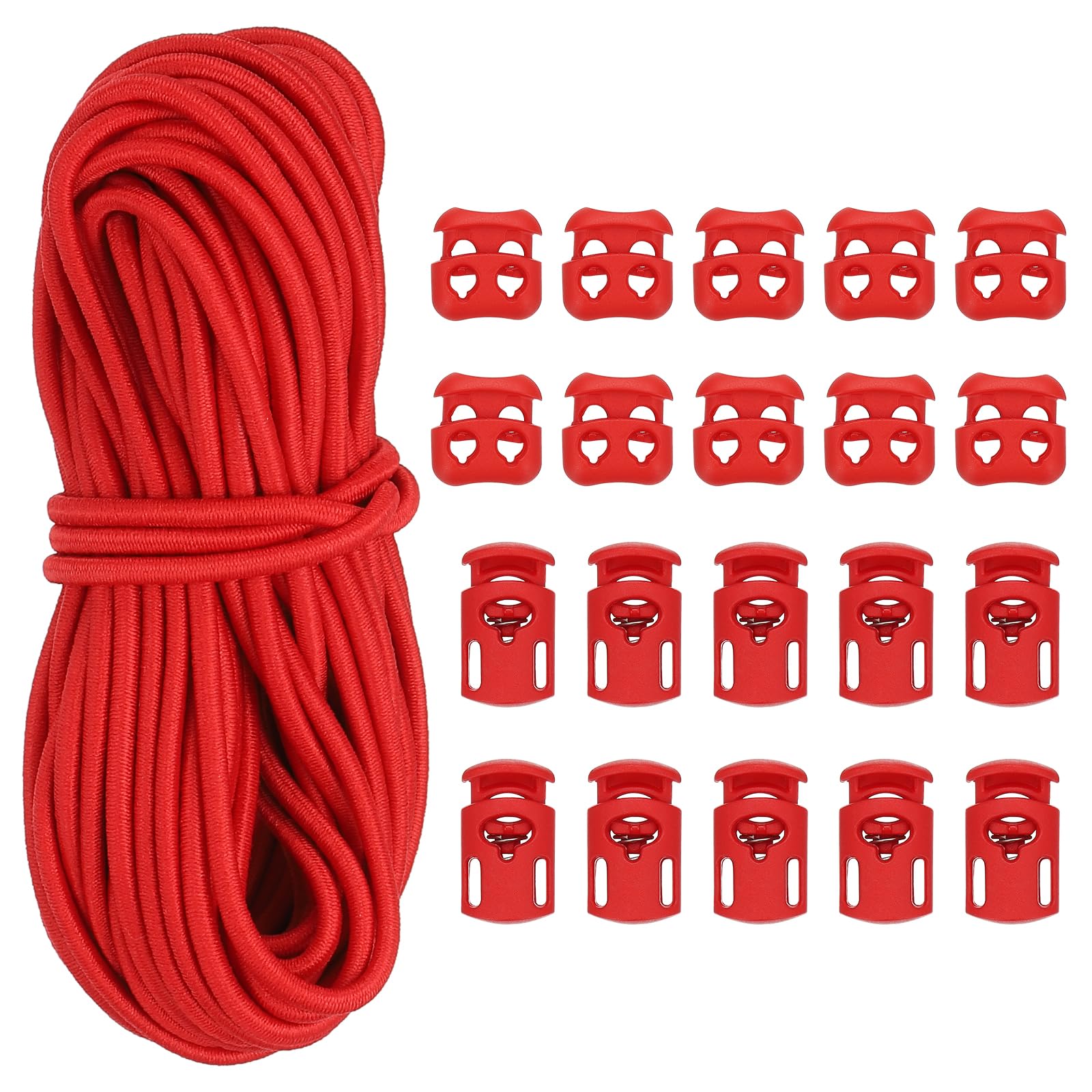 PATIKIL 16 Yard Elastic Bungee Cord & 10pcs Single Hole Cord Lock & 10pcs Double Hole Spring Toggle Stopper for Paracord Drawstring Shoelace Clothing Backpack Bags