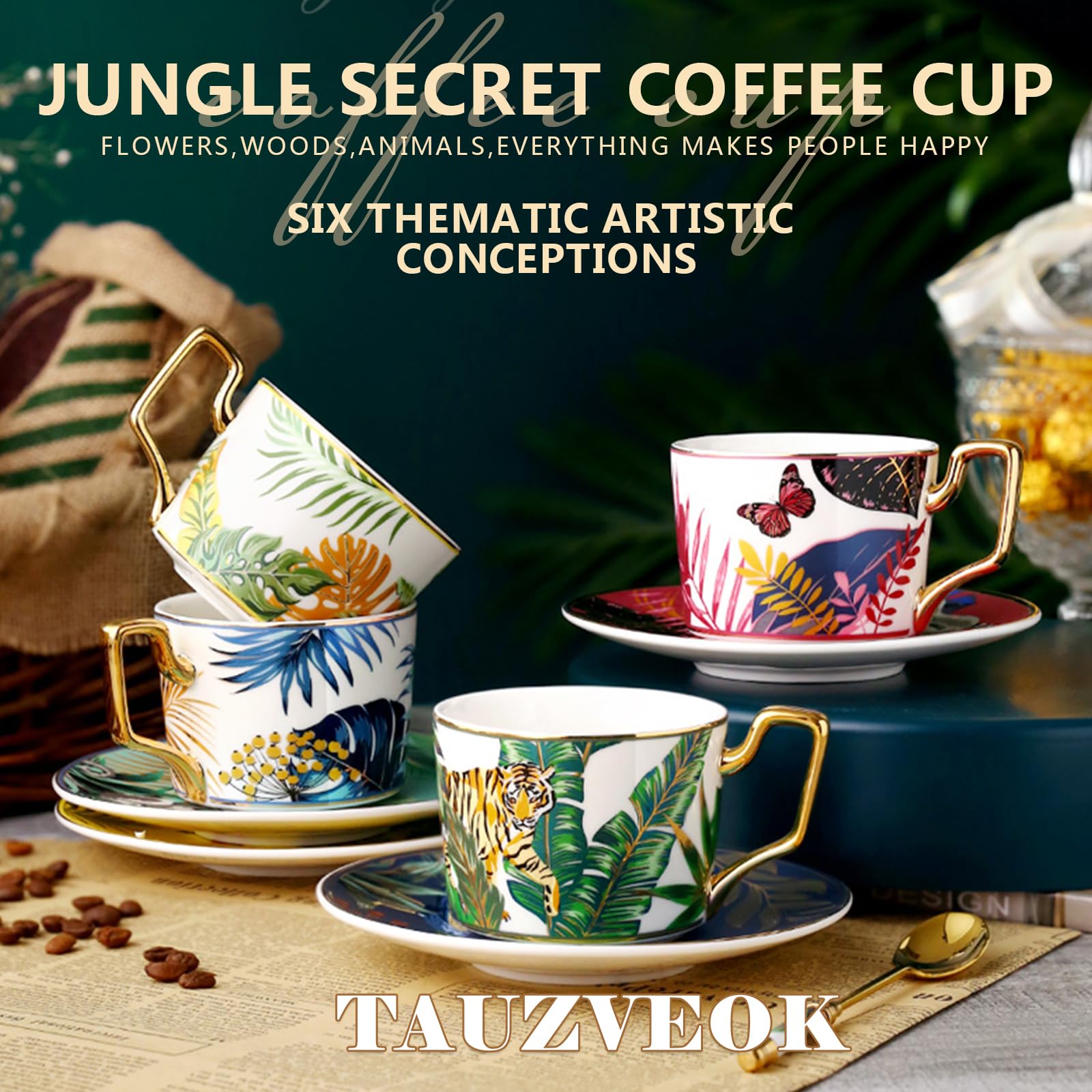 Juego de tazas de café y platillo, tazas de porcelana con estampado animal para capuchino, té, espresso, tazas de café coloridas para uso doméstico y de oficina, juego de 6 piezas