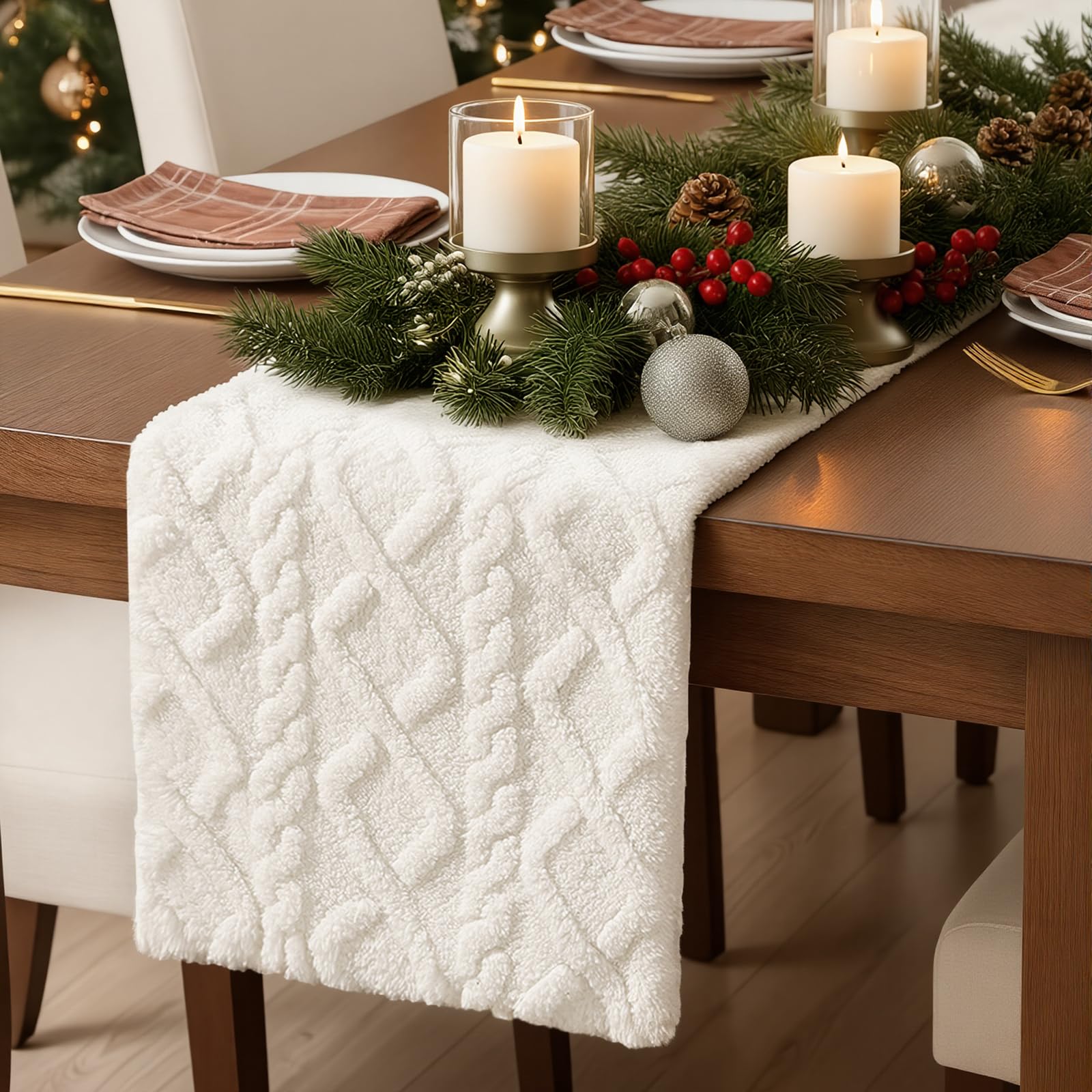 Chemin de table en fausse fourrure blanche de 183 cm à motifs losanges croisés