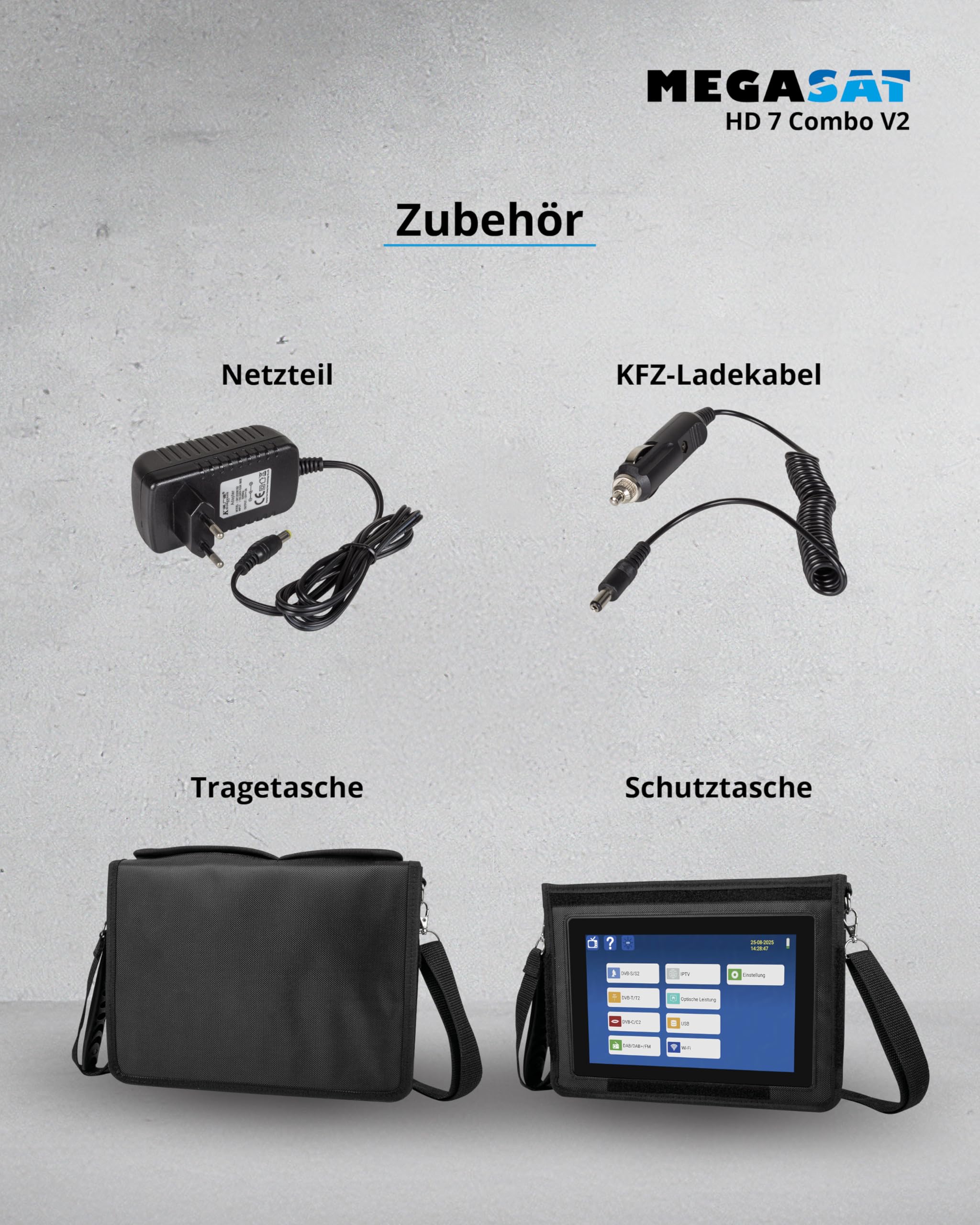 Megasat HD 7 Combo V2 – Combo-Messgerät mit Live-TV-Bild – Schwarz | Für DVB-S, DVB-S2, DVB-T, DVB-T2, DVB-C, DAB+, Unicable, 8,9″ Farbdisplay, Touchdisplay, Akku, Lampe