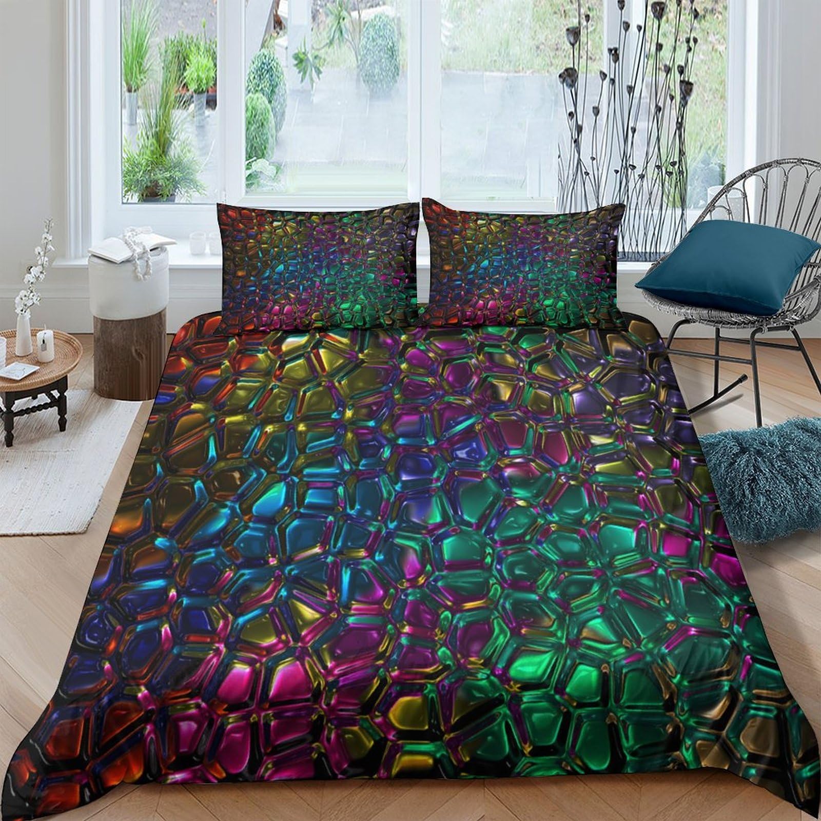Ctjqhvkz Style-1 3D Printed Iridescent Mosaic Fitted Sheet Microfiber Soft Vibrant Rainbow Mattress Cover For Bedroom Guest Room Decor Single（135X200cm）