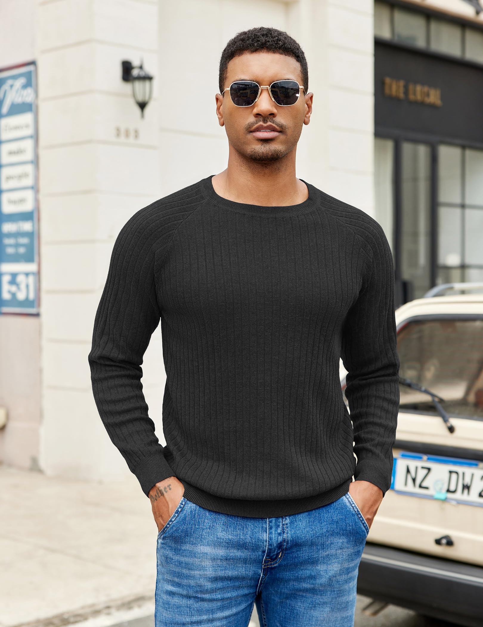 COOFANDY Maglione da uomo a maniche lunghe girocollo slim fit business casual pullover maglione, Striscia sottile nera, L