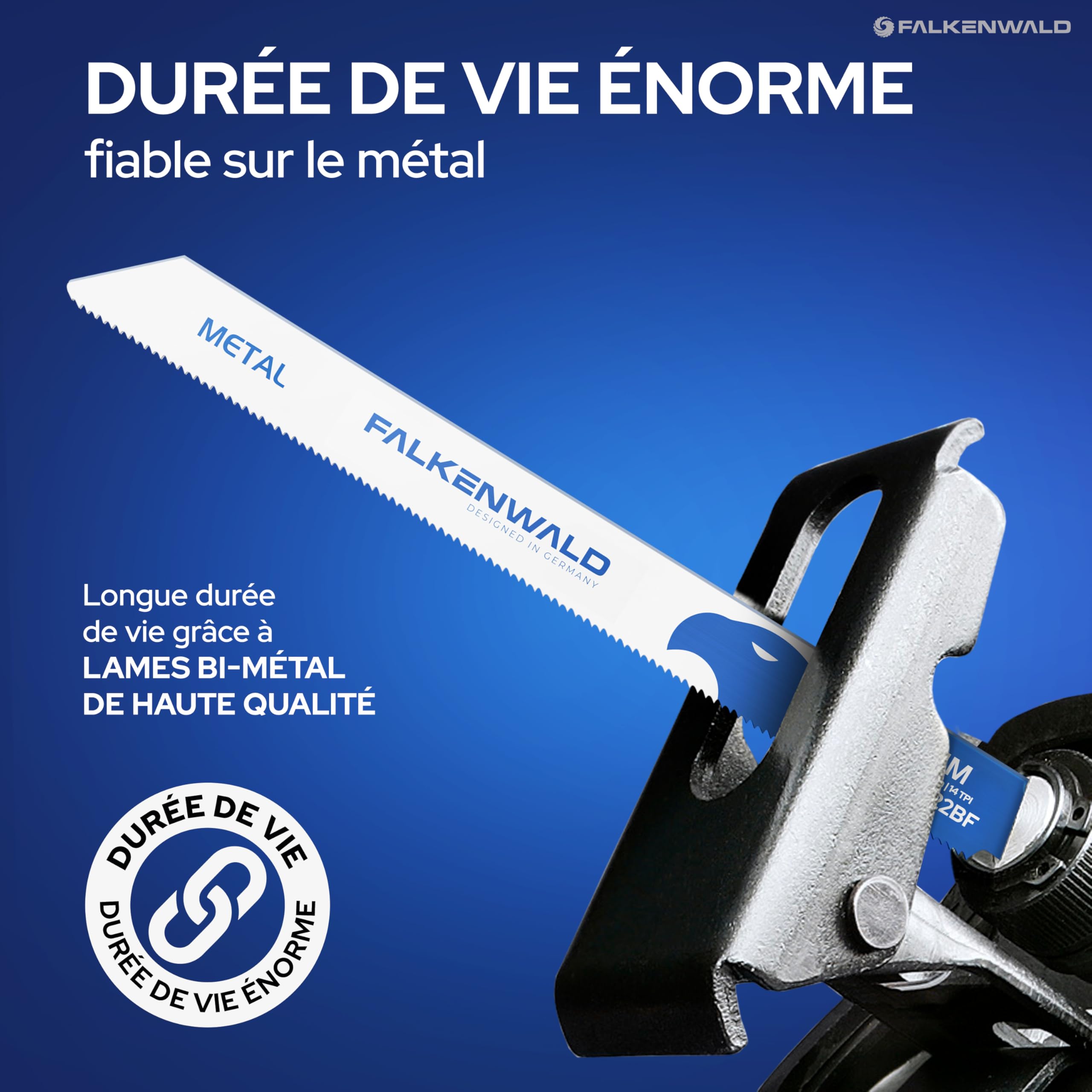FALKENWALD Lot de 10 lames de scie sabre en métal S1122BF - Super Flex - 225 mm de long, 14 TPI - Bi-métal, acier inoxydable, aluminium, tôles - Tige universelle 1/2" pour Bosch, Makita, Einhell, etc.
