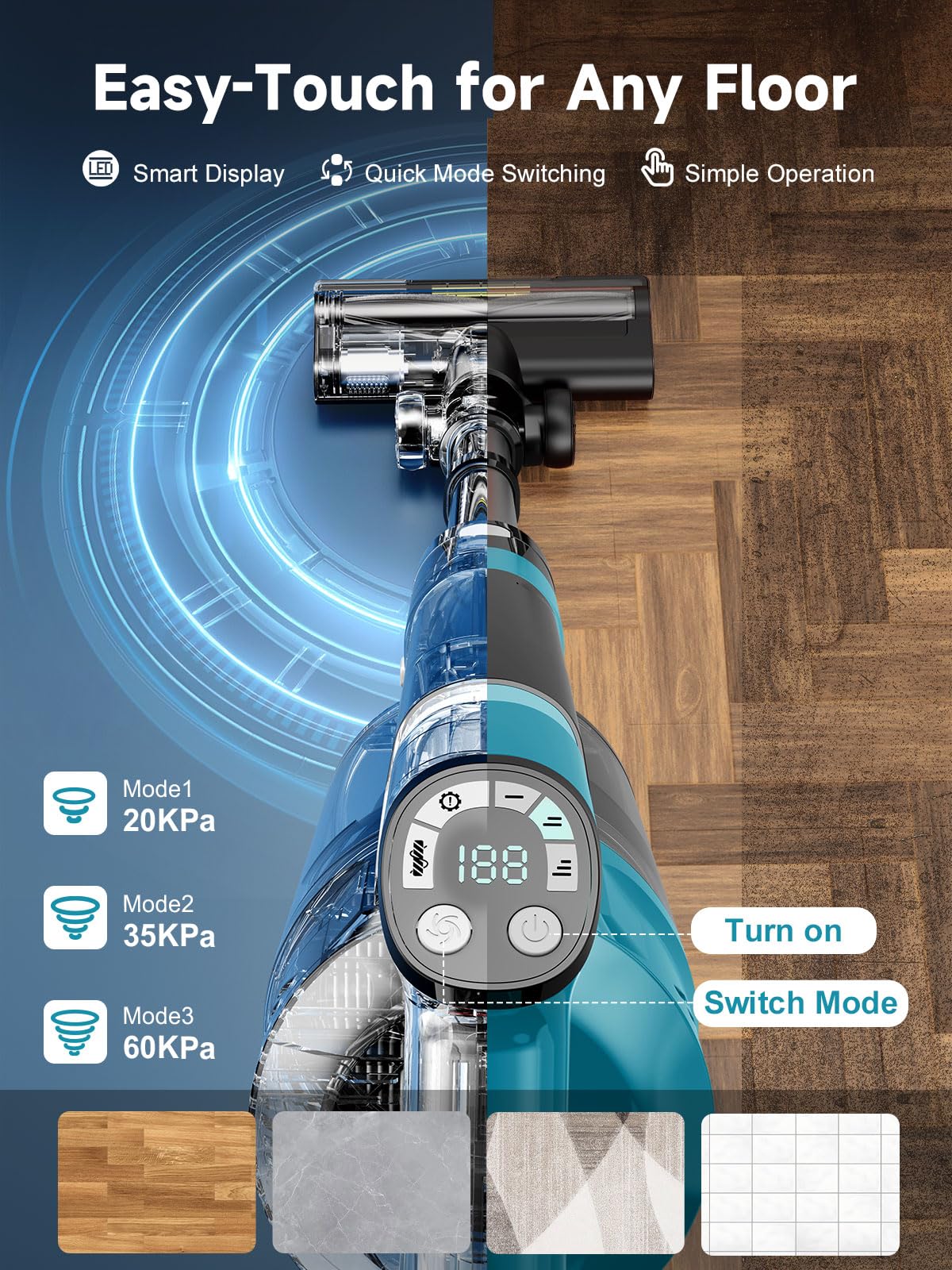 700W/60000Pa Aspirapolvere Senza Fili, Scopa Elettrica senza Filo Potente 70 Min Autonomia, Anti-groviglio/OLED Schermo/2,0L Cup Aspirapolvere Senza Fili Potente, Adatto per Tappeti/Pavimenti/Capelli