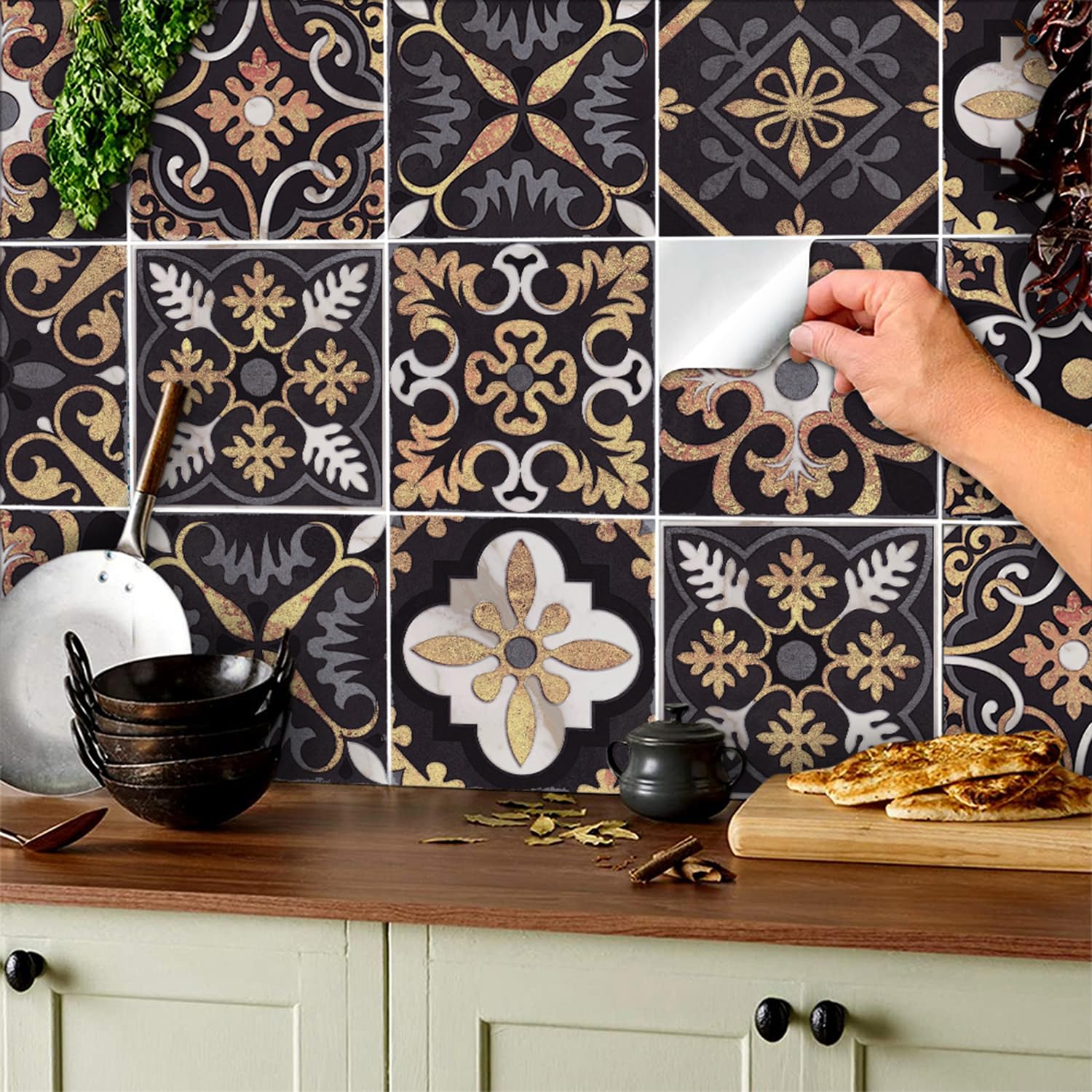 TOARTi 15cm(6") 18 pcs Moroccan Tile Stickers for Kitchen,Black Gold Tile Stickers for Bathroom Self Adhesive,Stairs Tile Sticker,Wall Tiles Stick on Wall Waterproof Oil-Proof Vintage Mosaic Art