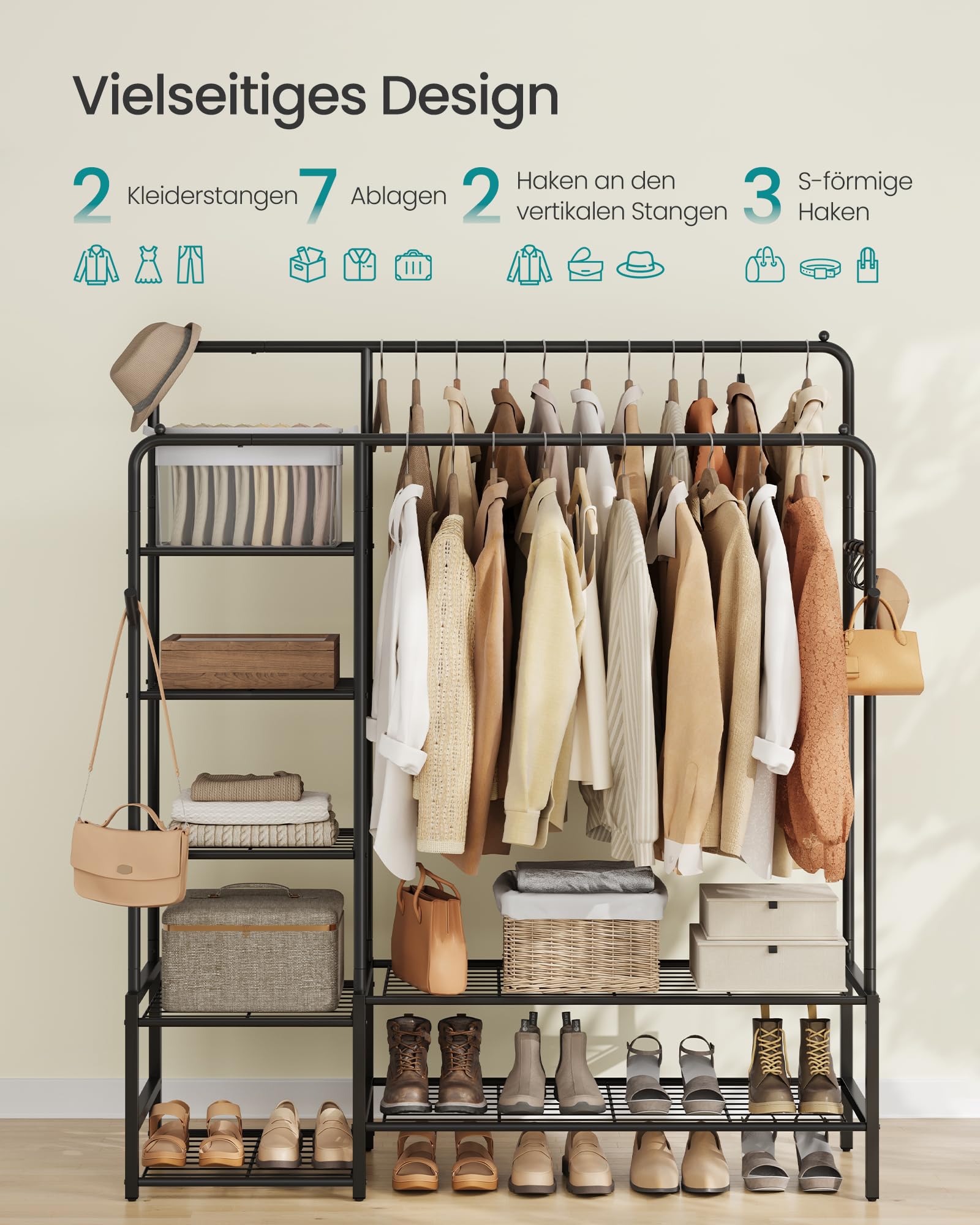 SONGMICS Kleiderständer, offener Kleiderschrank, Garderobenständer mit 9 Ablagen, Metallrahmen, Kleiderstange, für Schlafzimmer, Wohnzimmer, Eingangsbereich, schwarz HSR183B01