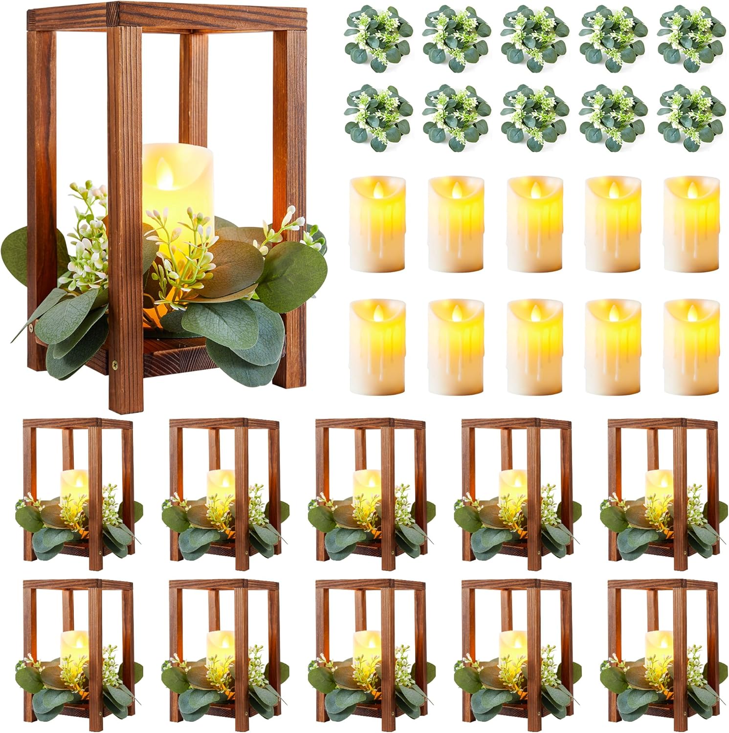 30 Pcs /10 Set Wedding Lantern Centerpiece for Table-Wooden Candle Lantern Bulk Includes 10 Farmhouse Wooden Candle Holder 10 Flameless LED Candles 10 Eucalyptus Leaves Wreath for Decoration