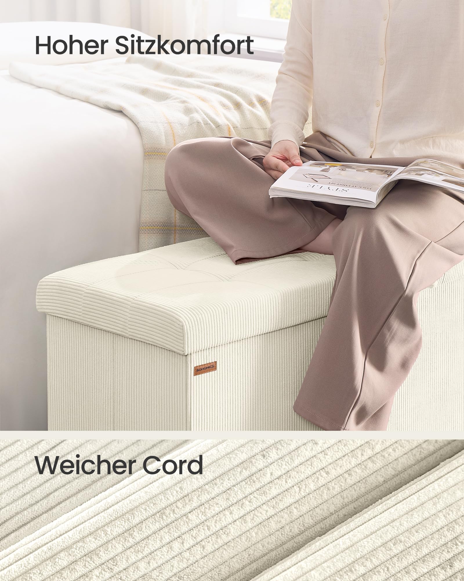 SONGMICS Sitzbank mit Stauraum, klappbare Fußbank, 38 x 110 x 38 cm, Bettbank, Aufbewahrungsbox, bis 300 kg belastbar, Wohnzimmer, Schlafzimmer, Eingangsbereich, cremeweiß LSF604W01