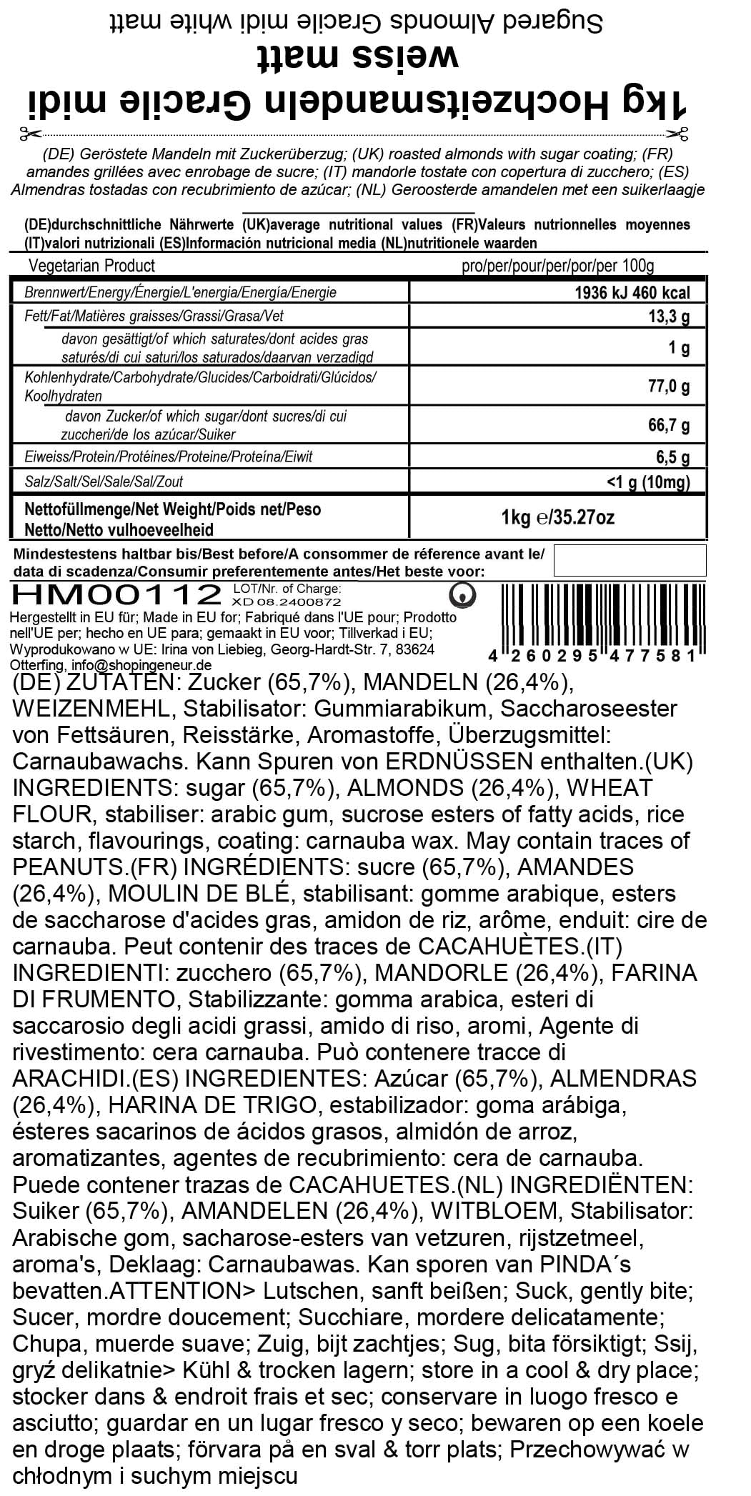 EinsSein 1kg Dragées Amandes Gracile midi blanc mat | ca. 300 pièce Dragees Mariage Baptême Communion Célébrer Fête Candybar | Cadeaux Invités | Idéal pour Boîtes Étuis Contenants