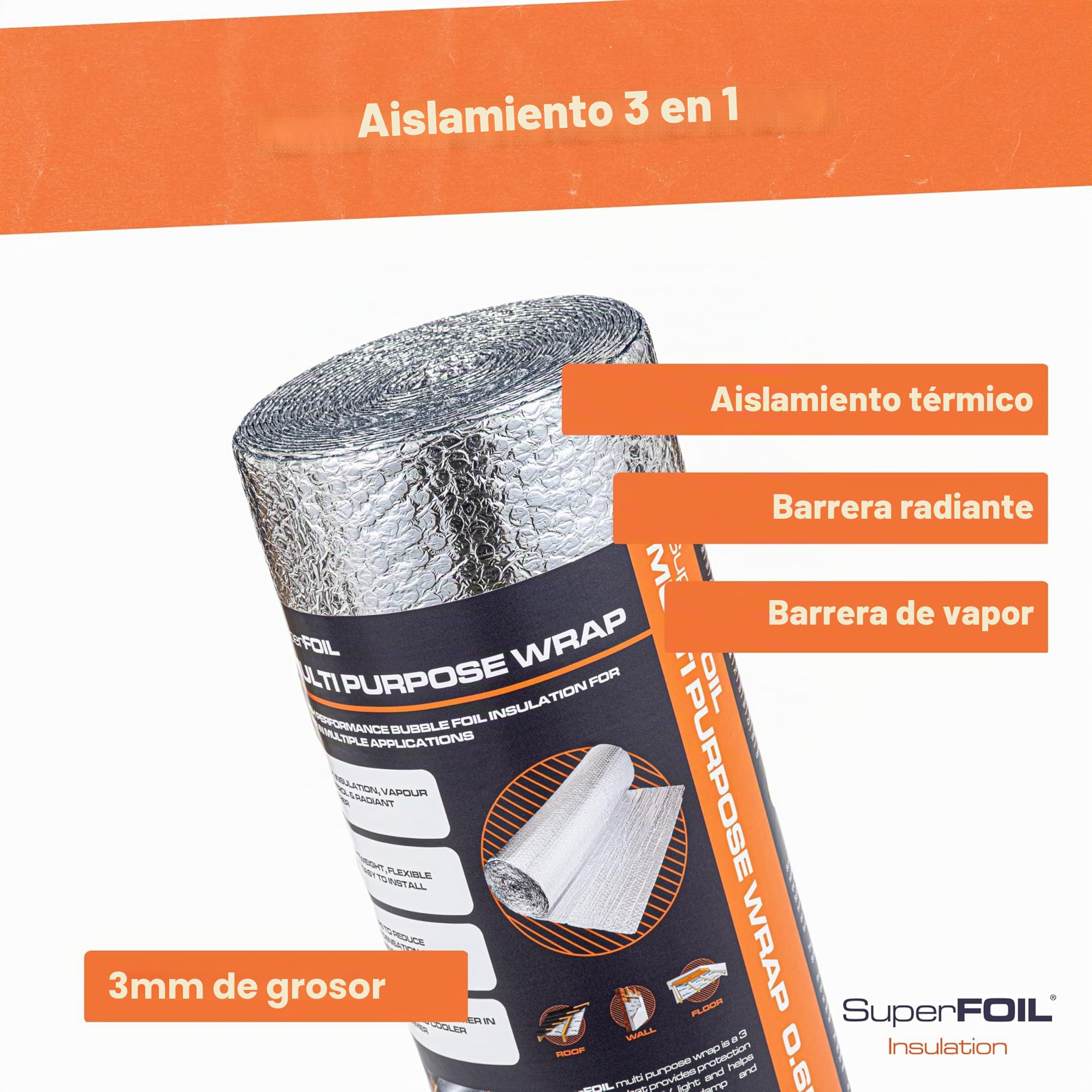 SuperFOIL Rollo de Aislante en Hoja 0,6m x 10m - Solución Hazlo-Tú-Mismo para Ahorrar Energía - Aislamiento Térmico Duradero 3-en-1 con Barrera Reflectante y Barrera de Vapor