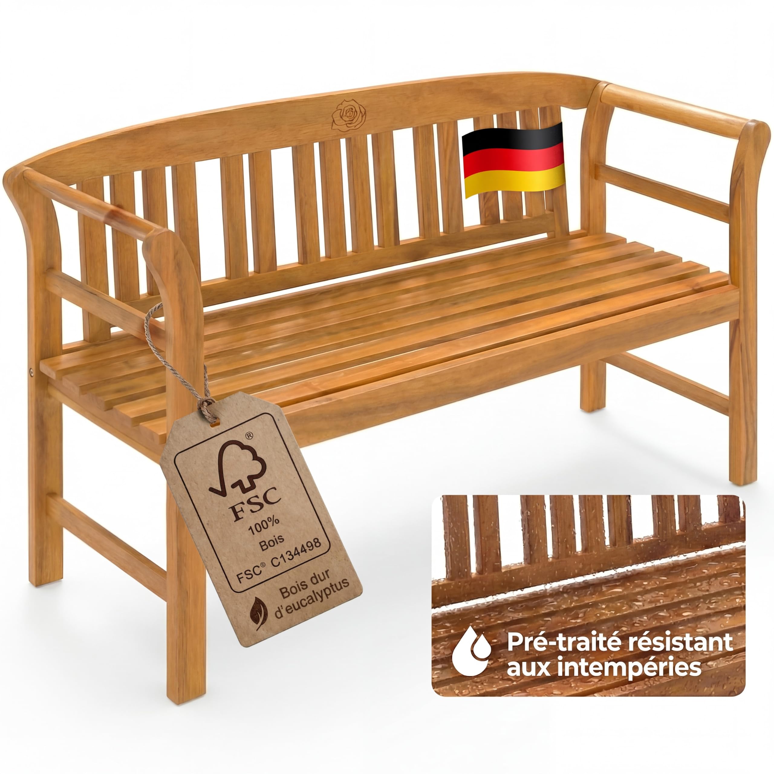 Casaria Banc de Jardin en Bois d'Eucalyptus Certifié FSC - Gravure de Rose