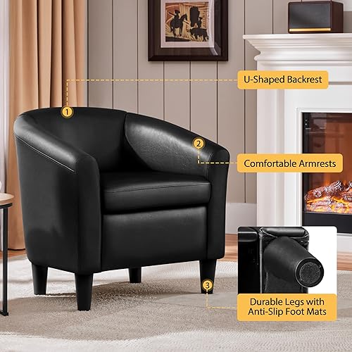 Miniatura 6 de Topeakmart Silla de club de piel sintética, moderna silla decorativa y acogedor sillón de barril con patas resistentes para sala de estar, Negro