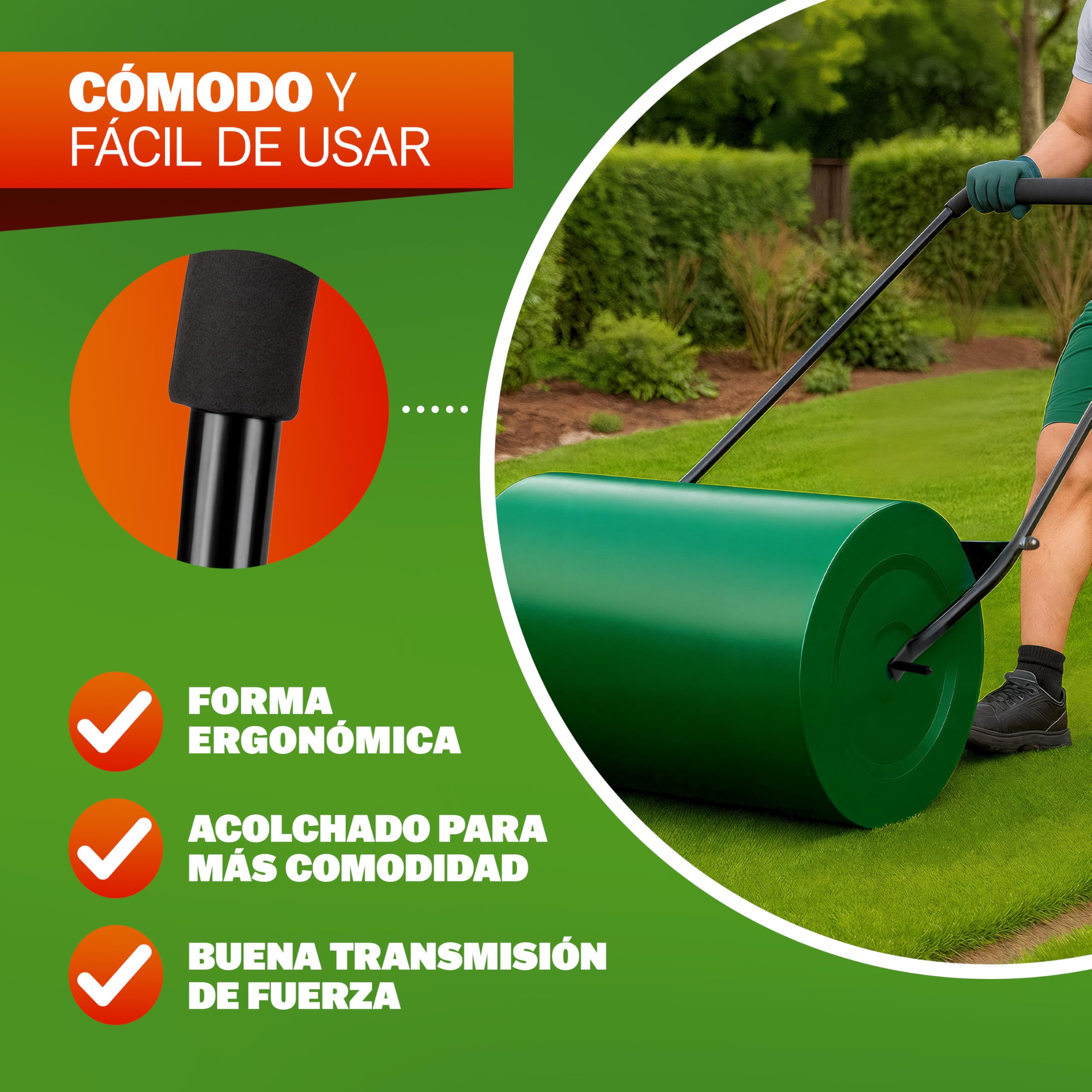 Gardebruk® Rodillo para Césped Grande 60cm, 50L, Aplanador de Tierra, Compactador Manual Huerto, Ergonómico, Alisar Prensar Terrenos, Apisonadora cesped Jardin