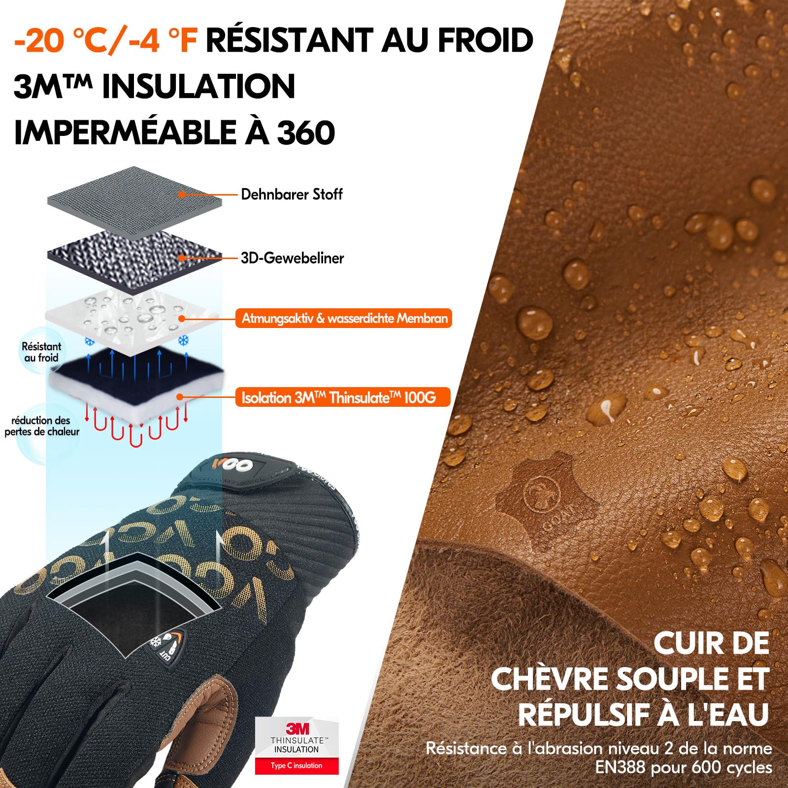 Vgo... Gants de travail d'hiver imperméables, gants en cuir à écran tactile thermique pour l'assemblage de congélateurs et de réfrigérateurs multifonctions, 1 paire
