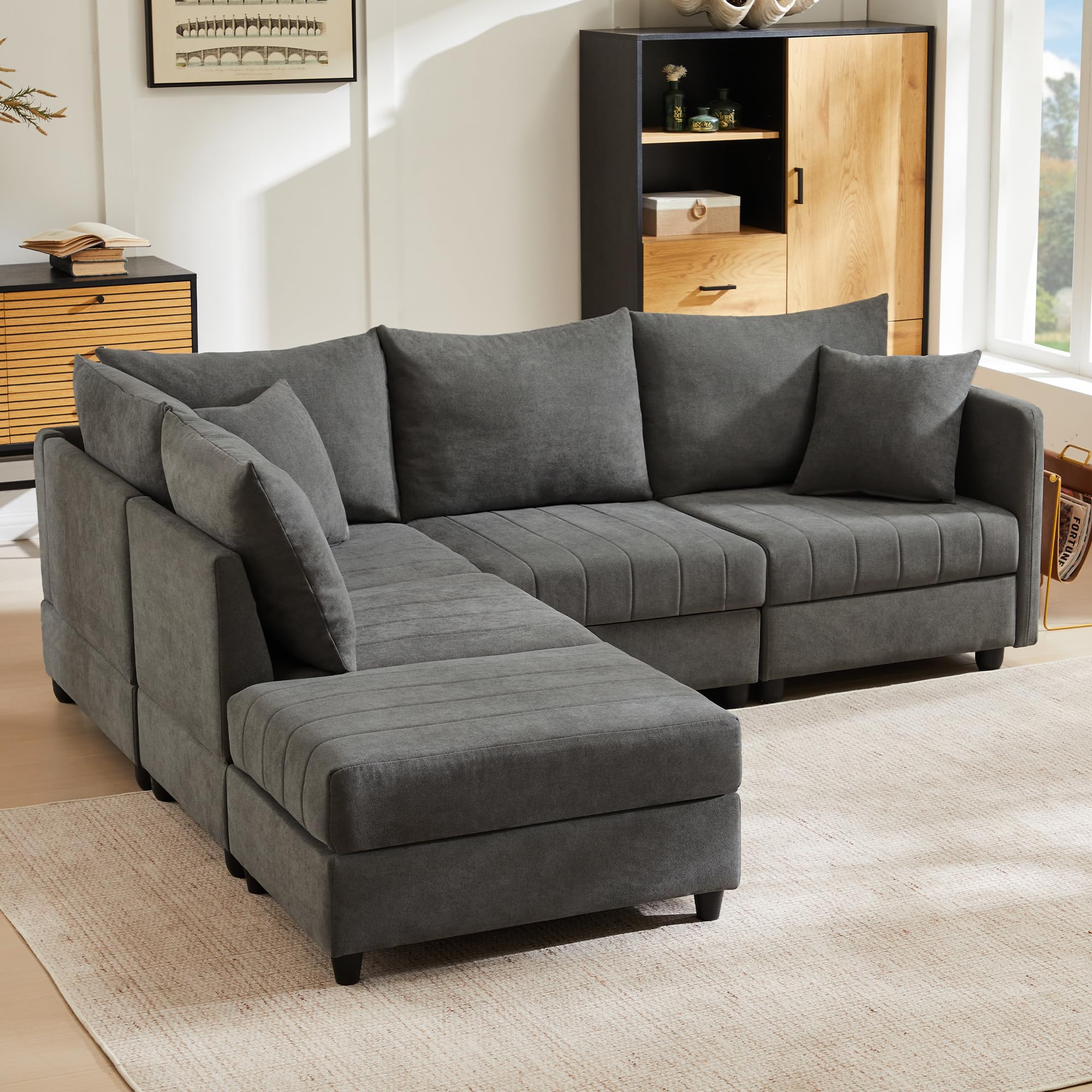 SACOOL Sofá esquinero moderno, sofá modular, sofá de 5 plazas con reposapiés convertible, en forma de L, en forma de U, adecuado para sala de estar, apartamento, etc.