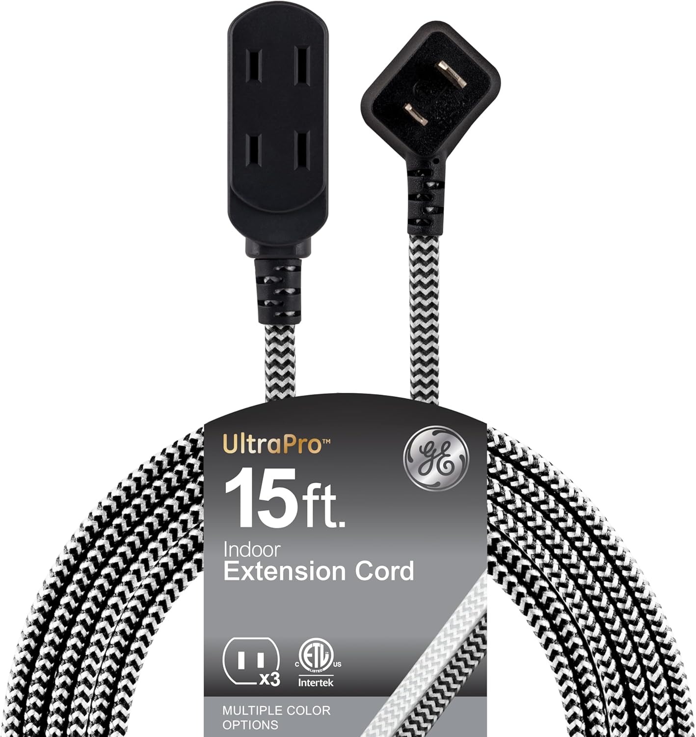 GE Indoor Flat Plug Extension Cord 15 Ft, 3-Outlet Braided Extension Cord with Multiple Outlets Long Extension Cord with Safety Slide, 2 Prong Right Angled Plug White/Gray Power Cord ETL Listed 81589