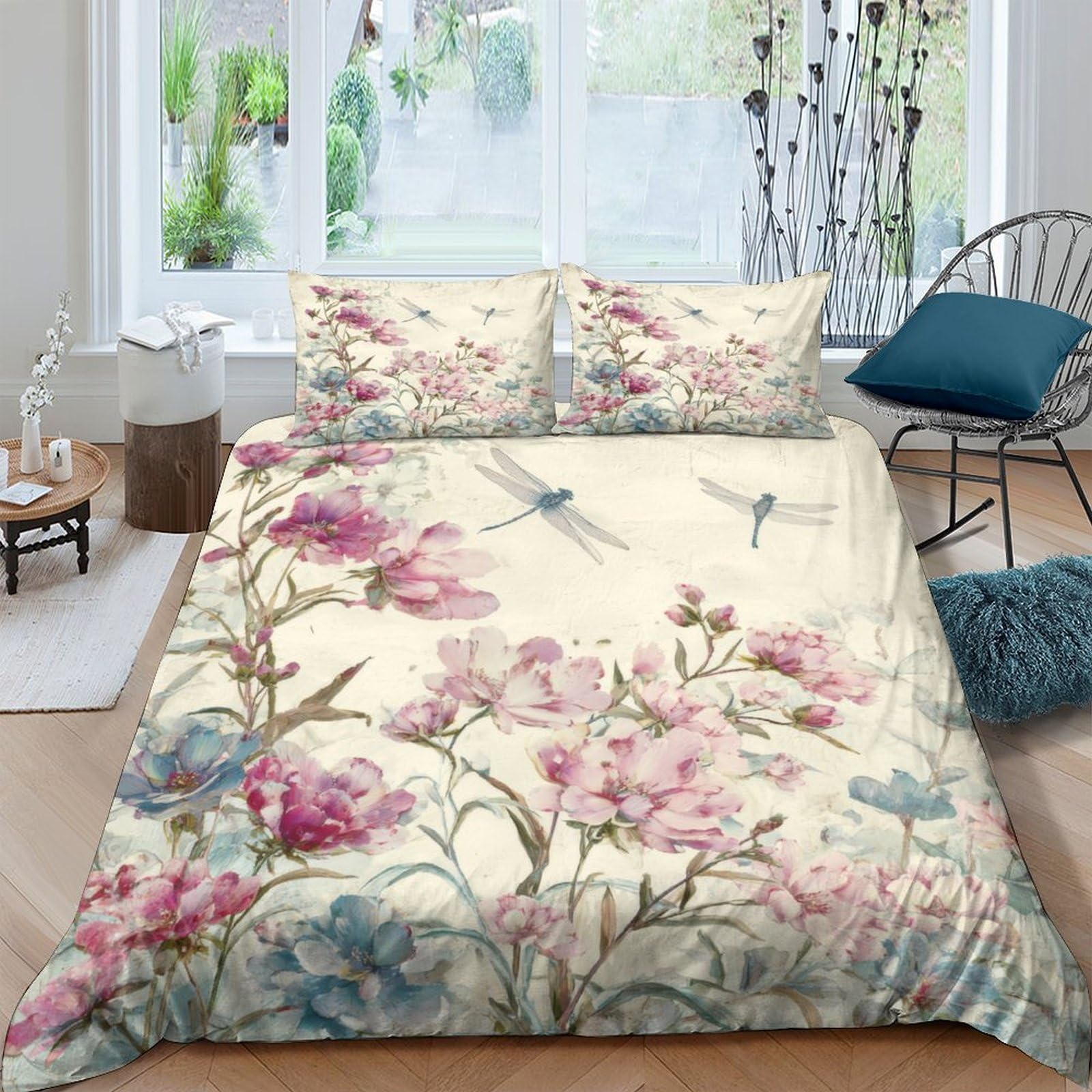 P5V6M1Q9 3D Printed Floral Dragonfly Duvet Cover Microfiber Soft Breathable Botanical Bedding Set with 2 Pillowcases for Bedroom Decor Single（135x200cm）