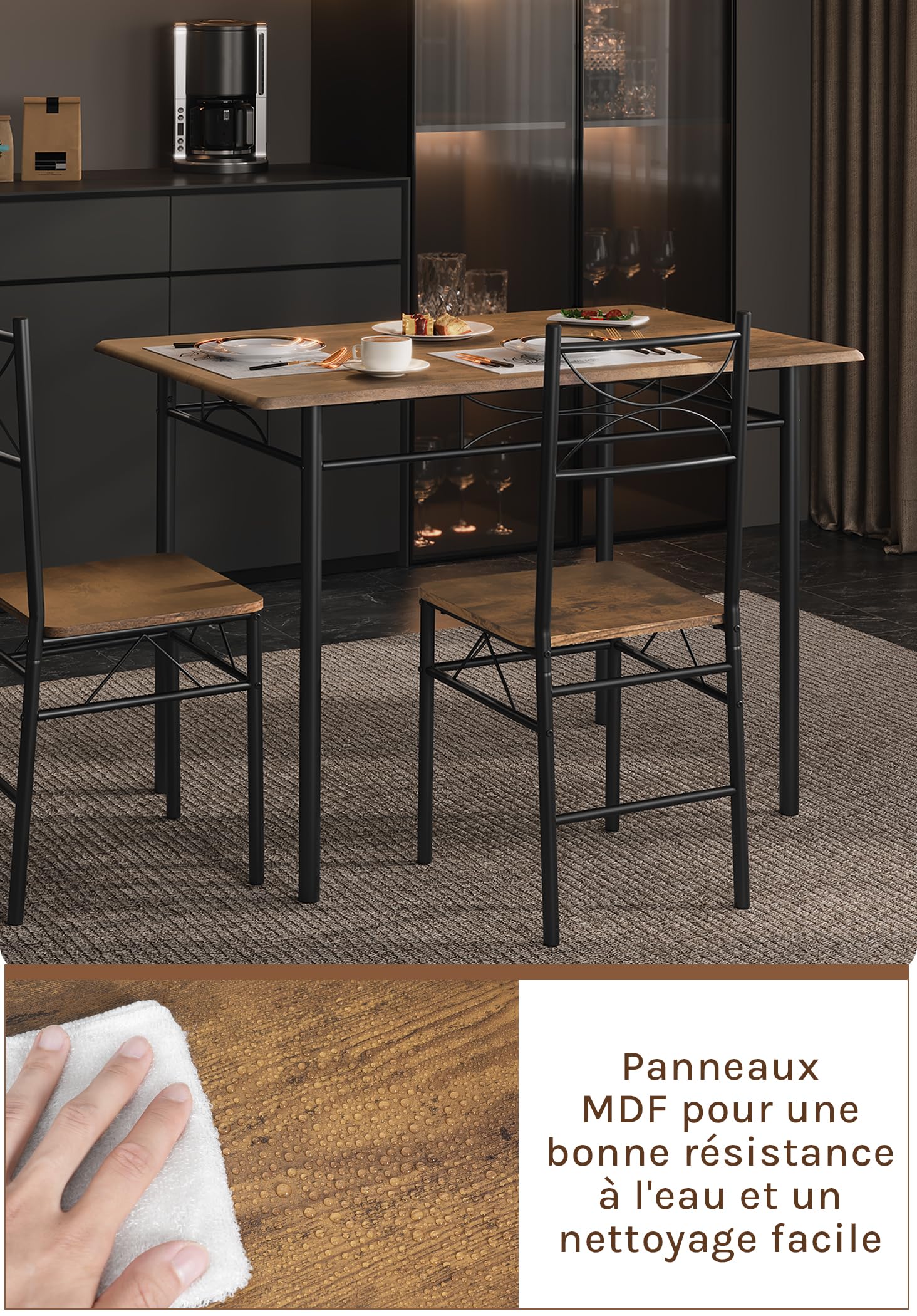 WOLTU Table à Manger avec 4 Chaises, Table de Cuisine pour 4 Personnes, MDF Métal Marron Rustique Noir